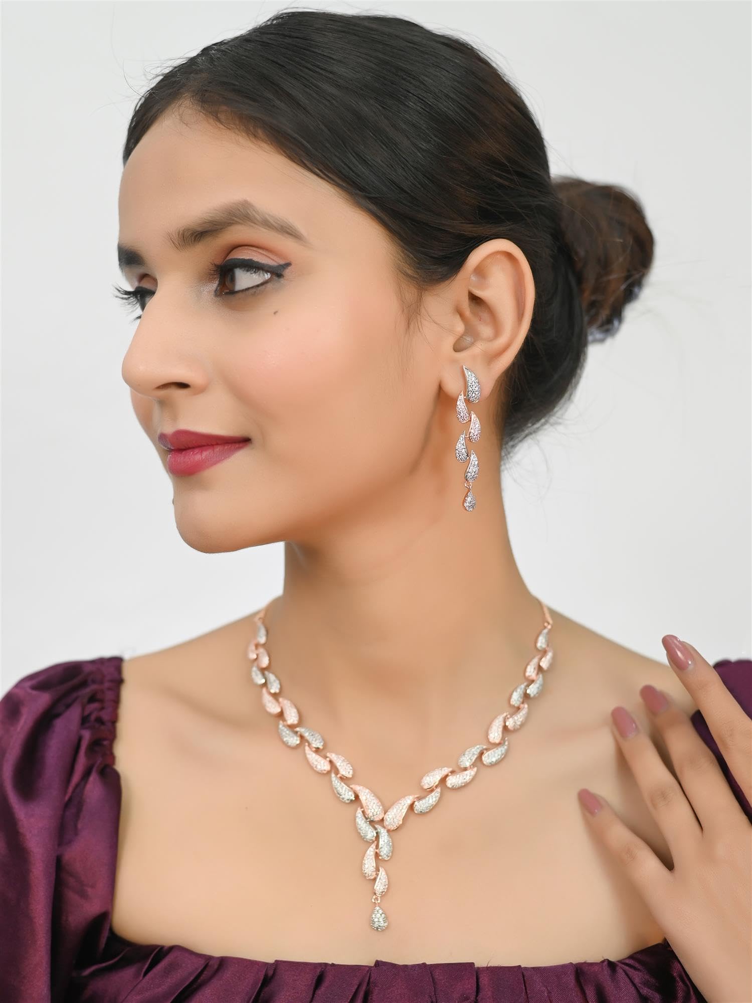 Ratnavali Jewels Women's Rose Gold Plated Cubic Zirconia Triple Line Necklace & Earrings Set | Bridal Jewelry for Weddings, Anniversaries & Special Occasions | RV3382RG