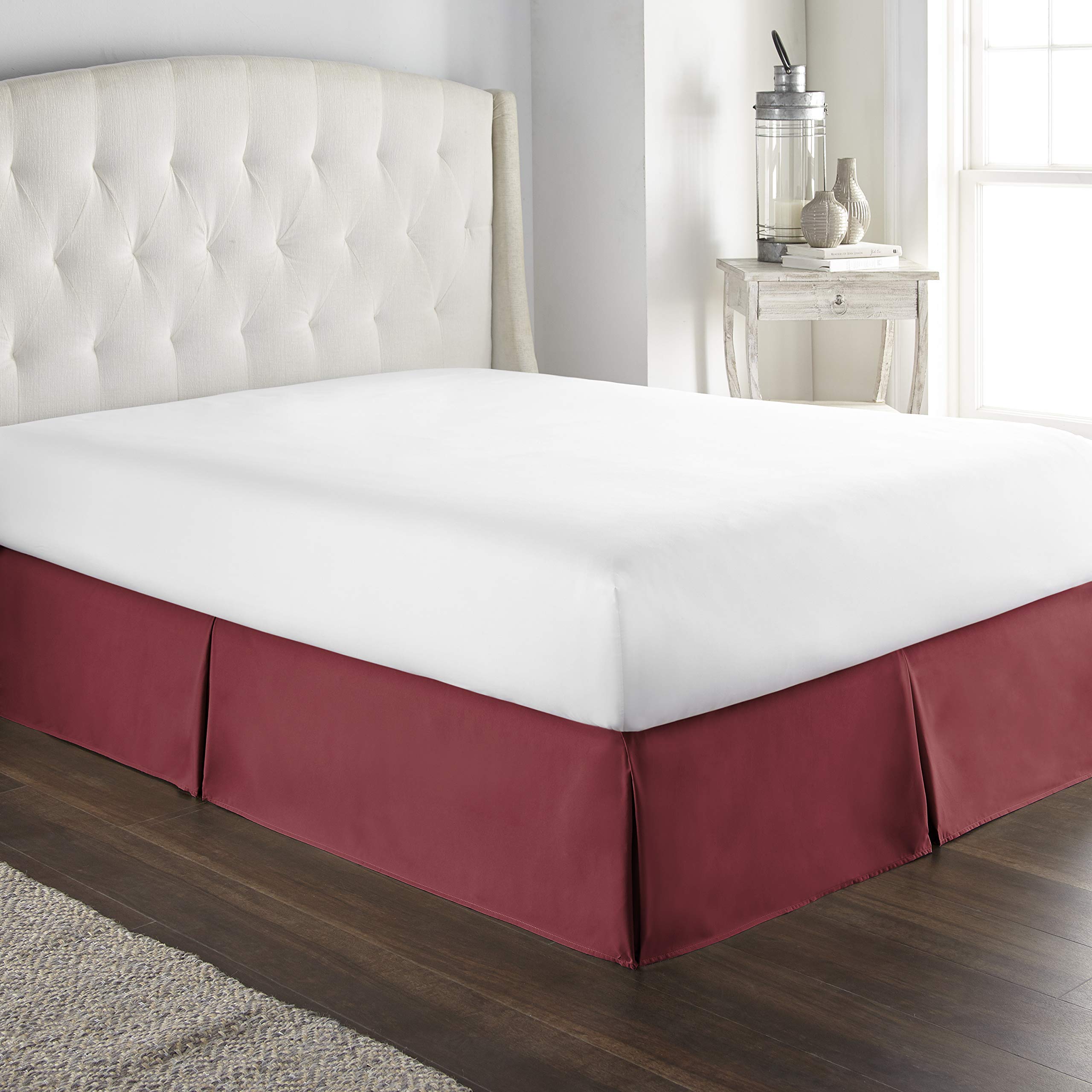 800 Thread Count 100% Pure Cotton Luxury Box Pleated Bed Skirt - Queen XL Size, 24 Inch Drop, Burgundy - Perfect for Master Bedrooms & Guest Rooms