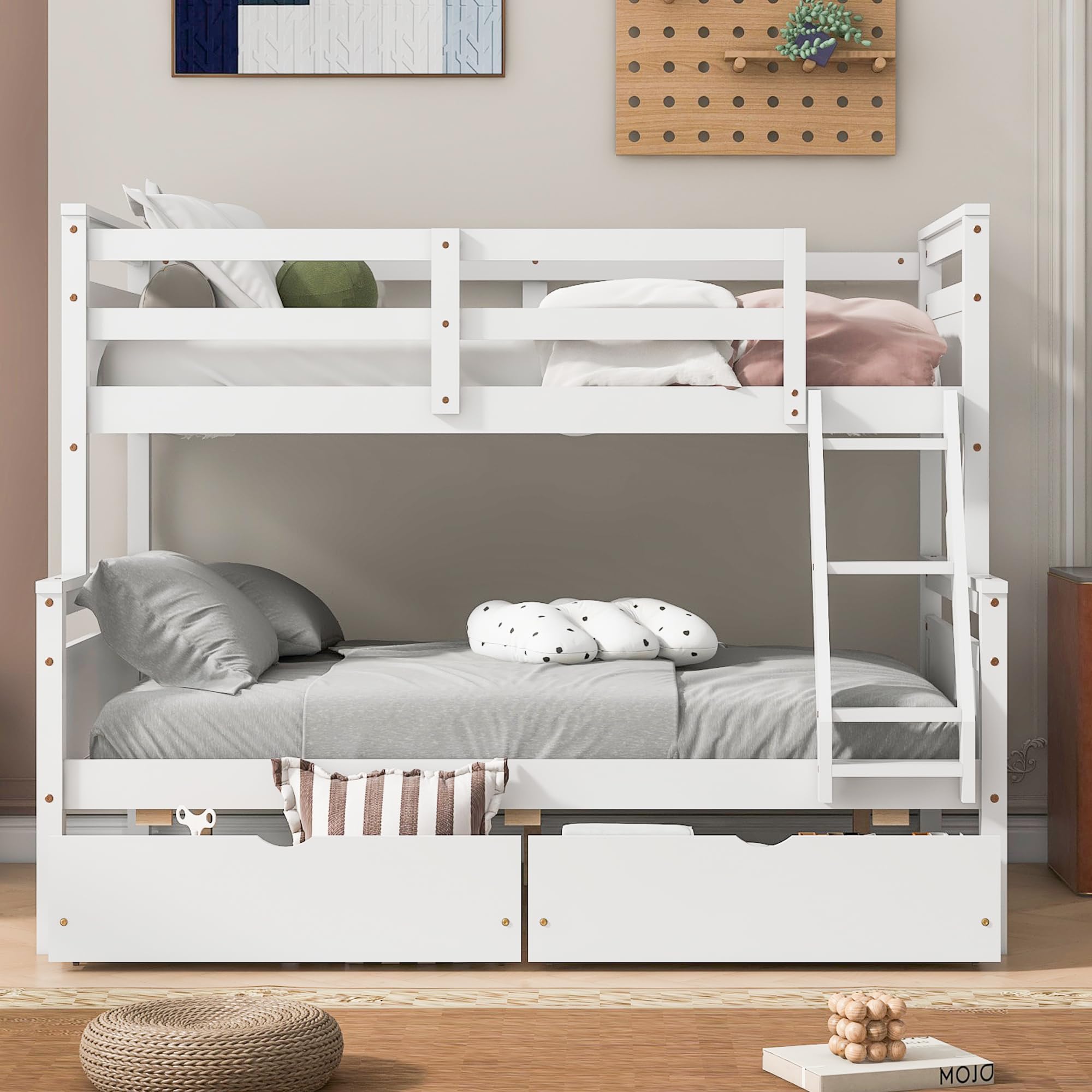 Merax Twin Over Full Bunk Bed with 2 Storage Drawers - Solid Wood Bunk Bed with Ladder & Safety Rail for Kids & Adults - Convertible to 2 Separate Beds - White - Perfect for Small Bedrooms, Guest Rooms & Kids' Shared Spaces