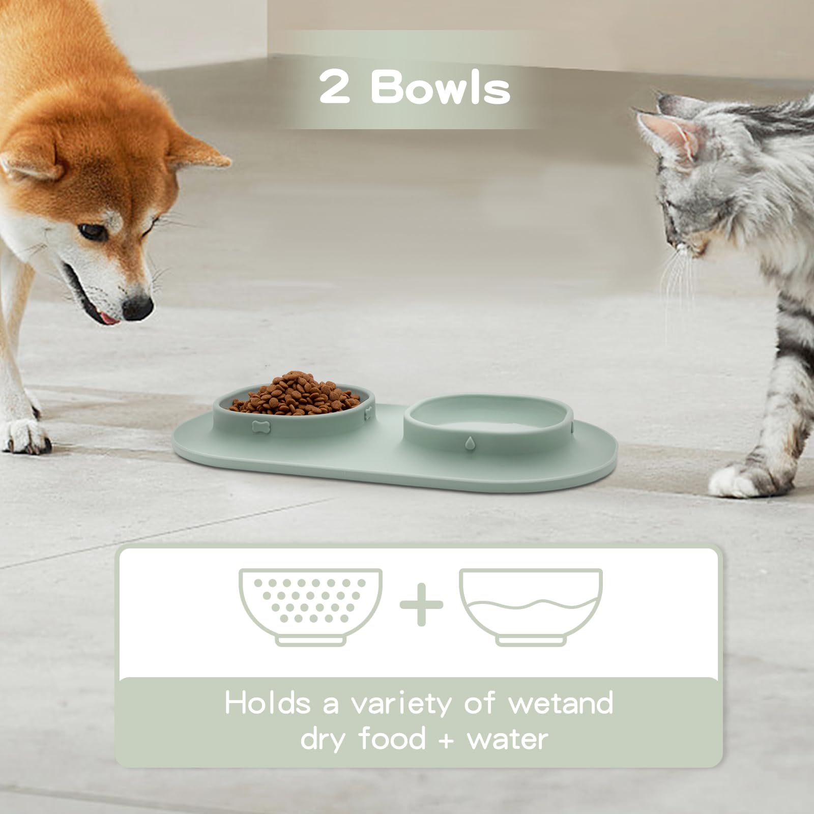 Non-Spill Non-Skid Dog Food & Water Bowls Set with Mat - Perfect for Small, Medium & Large Dogs, Cats & Puppies - Durable Pet Feeder Dishes (Green) - Ideal for Home, Travel & Outdoor Use