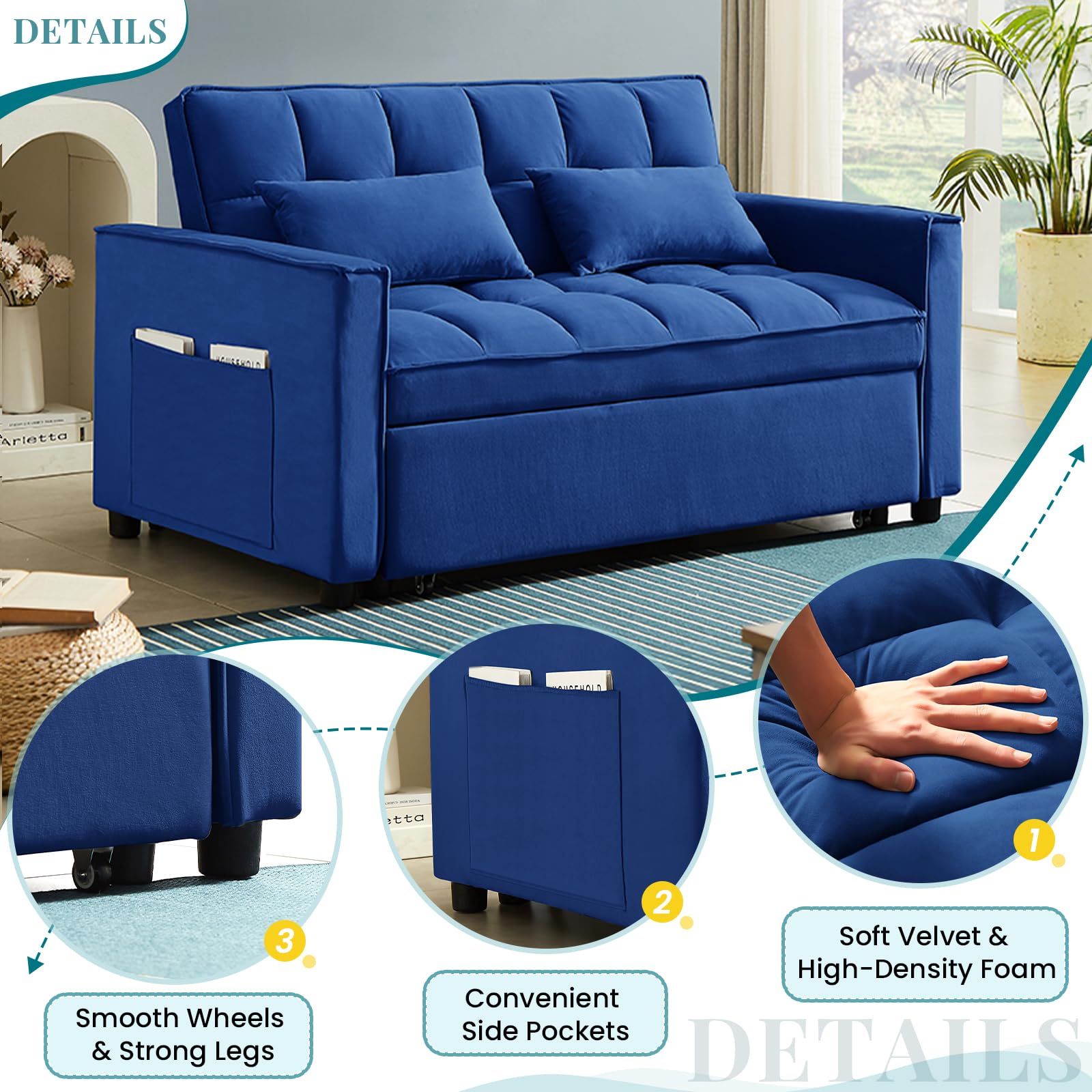 Antetek 3-in-1 Convertible Sleeper Sofa Bed - Modern Velvet Loveseat Futon Couch with Pullout Bed & Reclining Backrest | Small Space Living Room Furniture with Storage Pockets & Toss Pillows | Perfect for Apartments, Guest Rooms, and Home Offices (Blue)