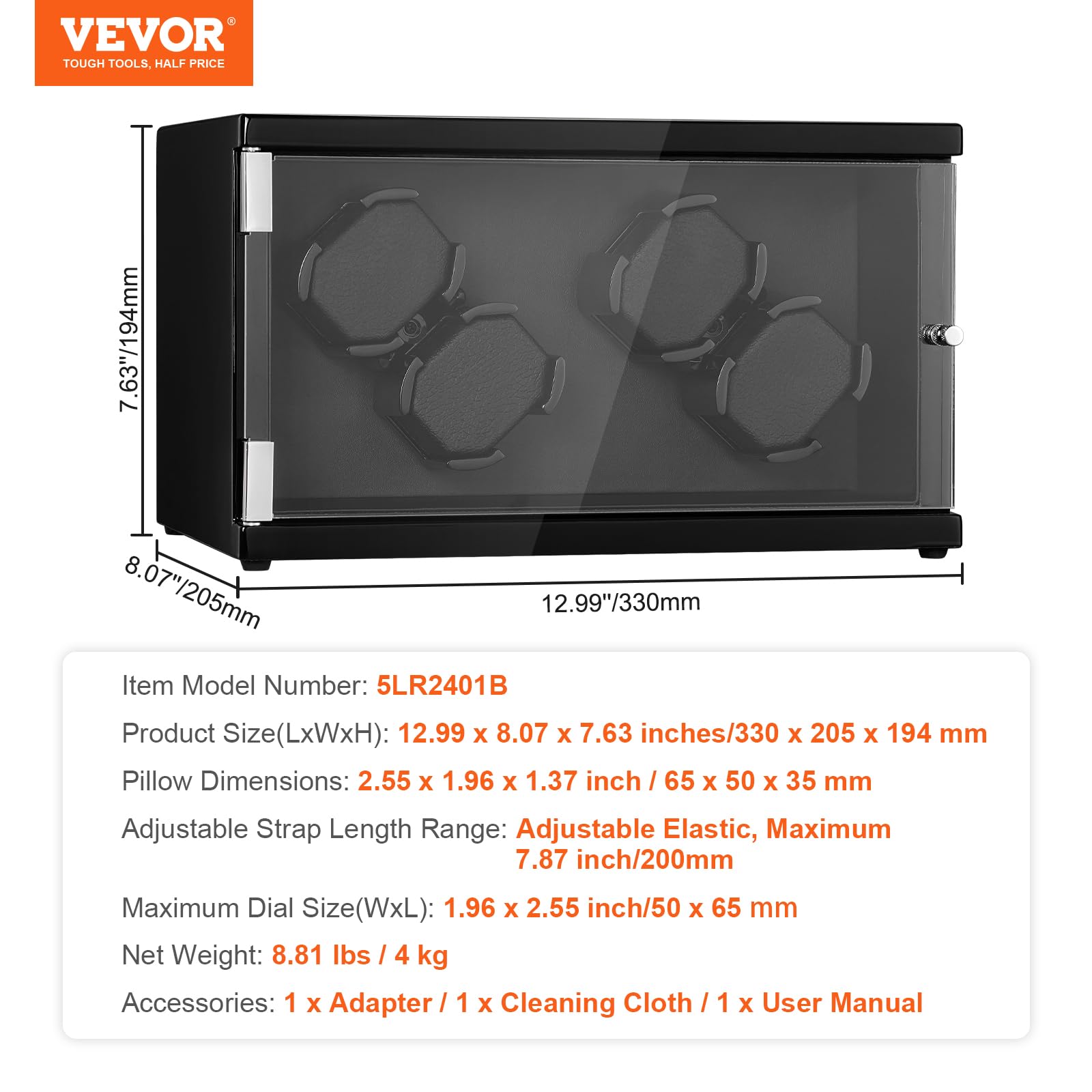 VEVOR 4 Watch Winder Box - Silent Japanese Motor, LED Light, Adjustable Rotation Speed & Direction for Automatic Watches | Perfect for Rolex, Omega, Breitling Storage & Display | Luxury Watch Care Solution for Home & Office