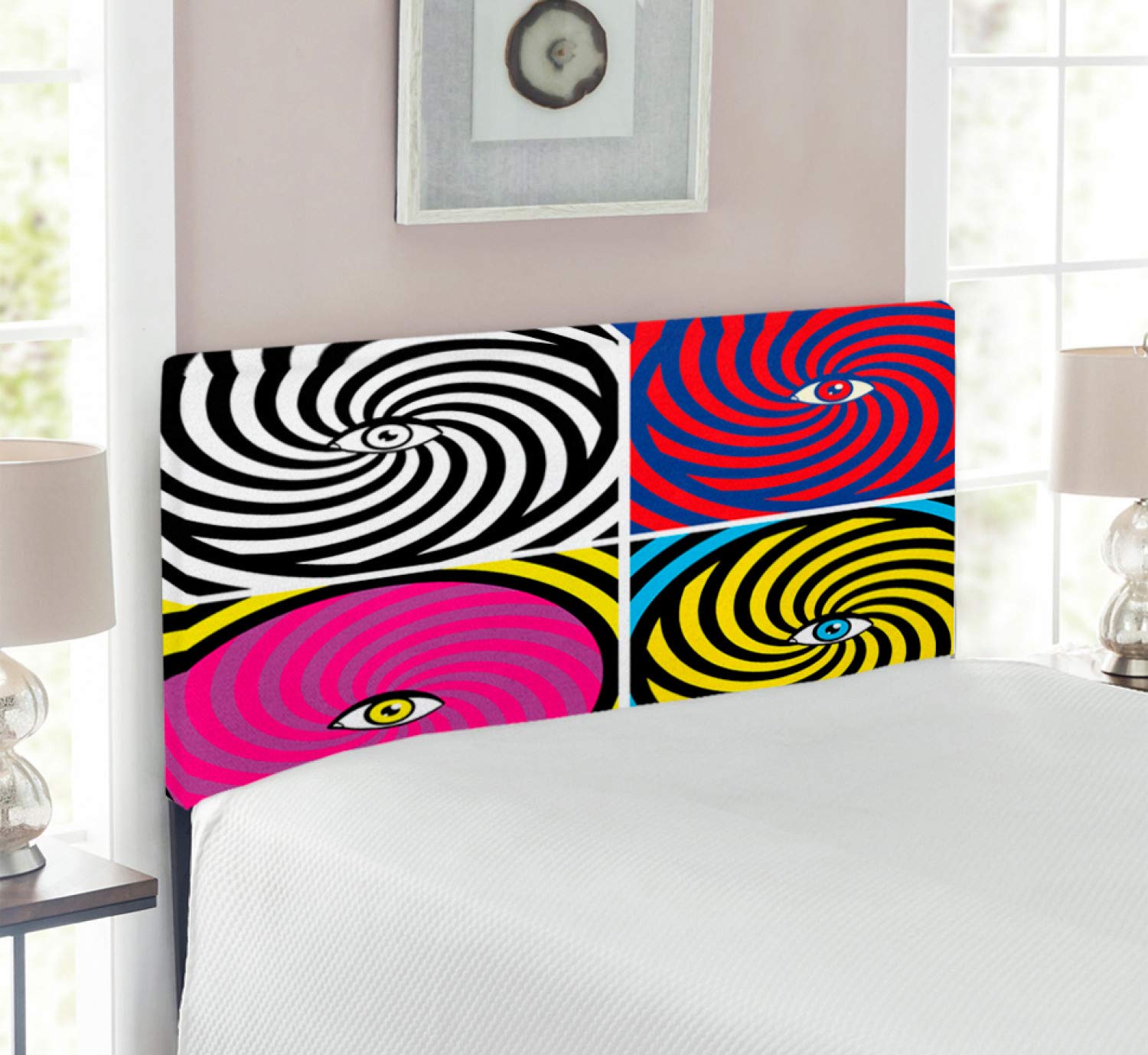 Ambesonne Psychedelic Upholstered Headboard - Pop Art Hypnotic Swirl Design with Central Eye, Decorative Metal Bed Frame with Memory Foam, Twin Size Multicolor - Perfect for Bohemian Bedrooms & Modern Dorm Decor