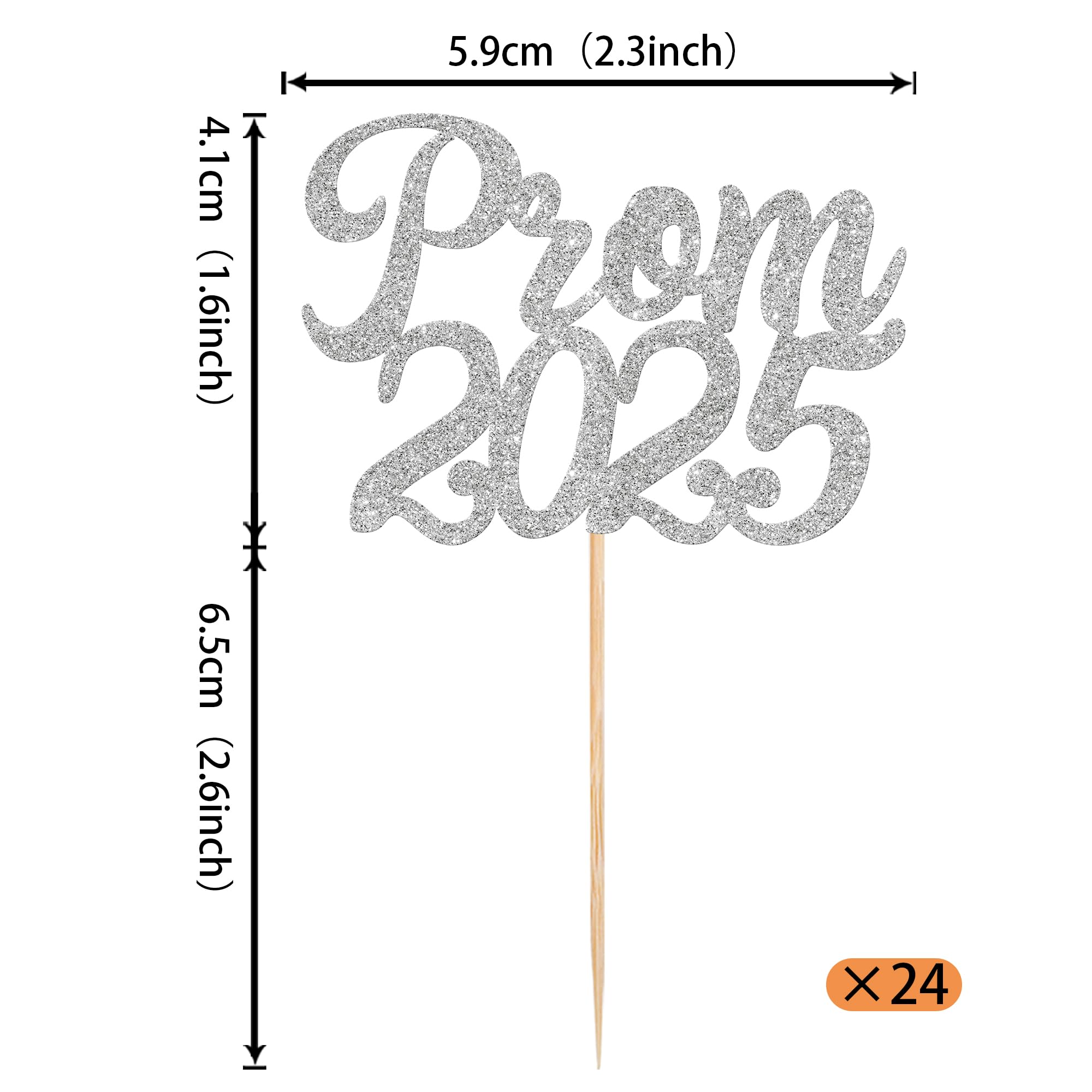 24 Pack Silver Glitter Prom 2025 Cupcake Toppers - Graduation Cake Decorations for Class of 2025, College Graduation & Prom Party Supplies - Perfect for Dessert Tables, Graduation Celebrations and Prom Night Decor
