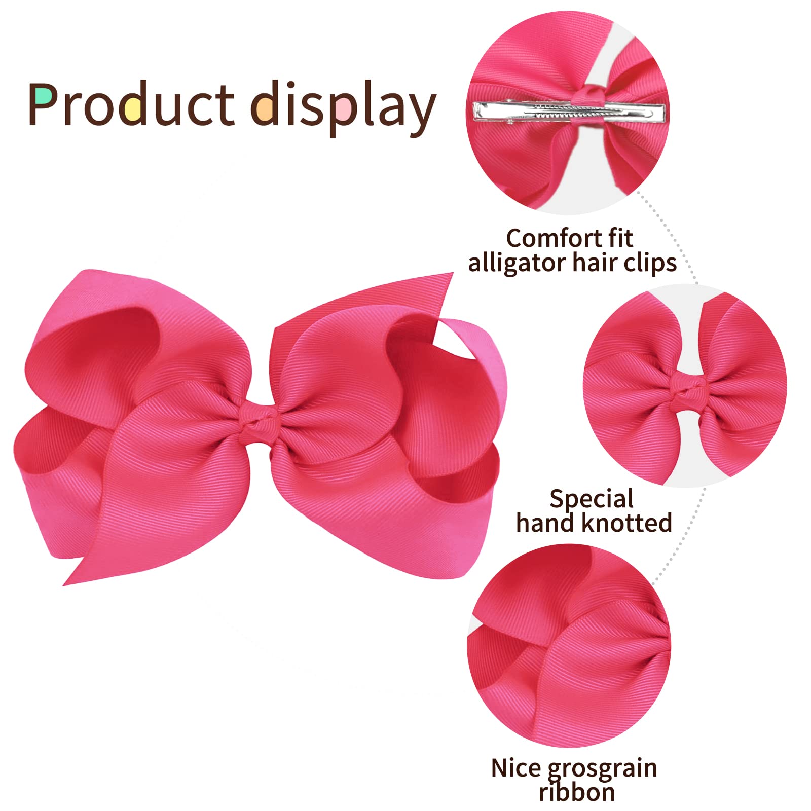 Oaoleer 8PCS Girls Hair Bows Set - Hot Pink Grosgrain Ribbon Alligator Clip Hair Accessories for Toddlers & Kids (3/4.5/6/8 Inch) - Perfect for Birthday Parties, School, Photo Shoots & Daily Wear