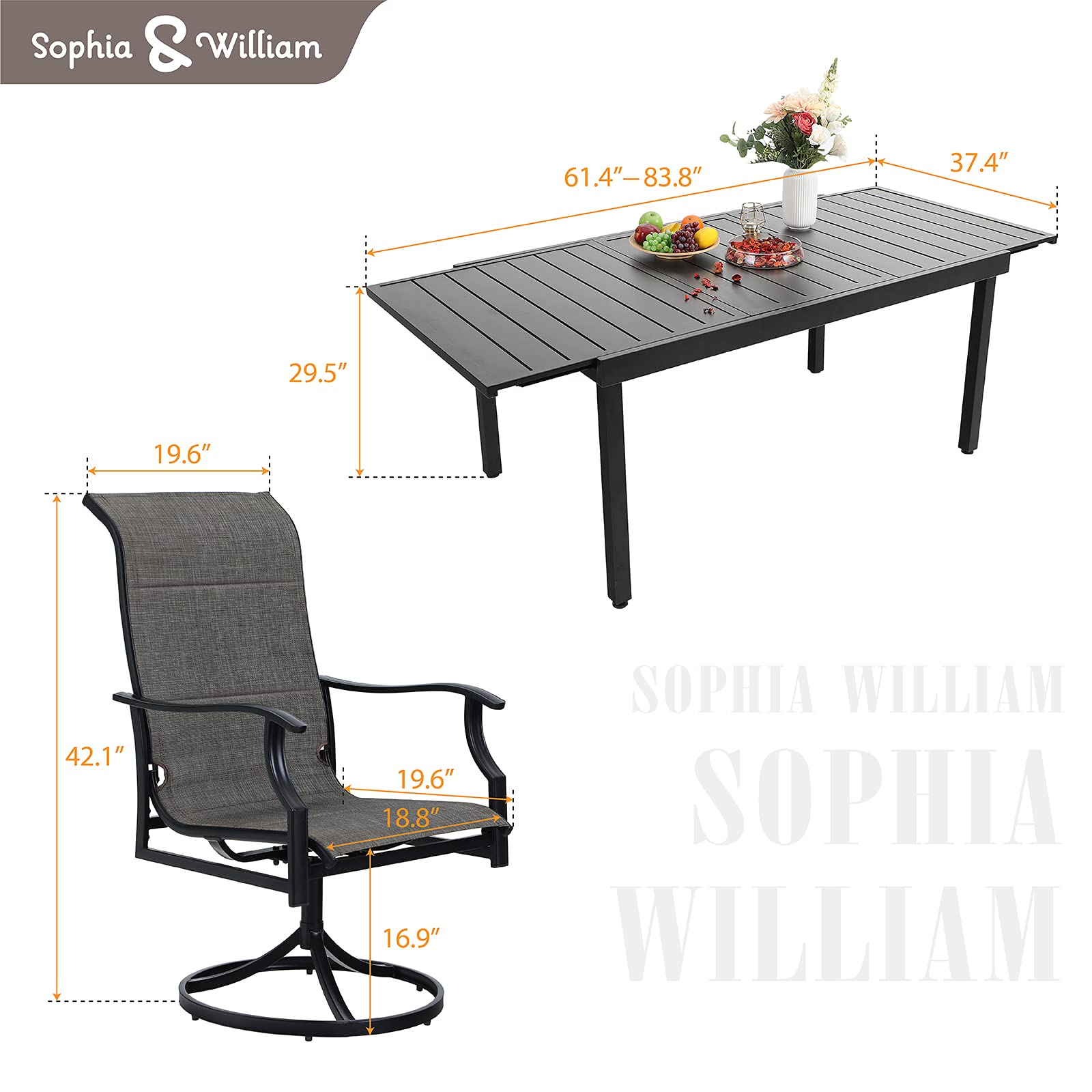 Sophia & William 9-Piece Outdoor Patio Dining Set - 8 Swivel Chairs with Padded Textilene & Expandable 6-8 Person Metal Table - Durable Metal Furniture for Garden, Lawn, Backyard & Poolside Dining