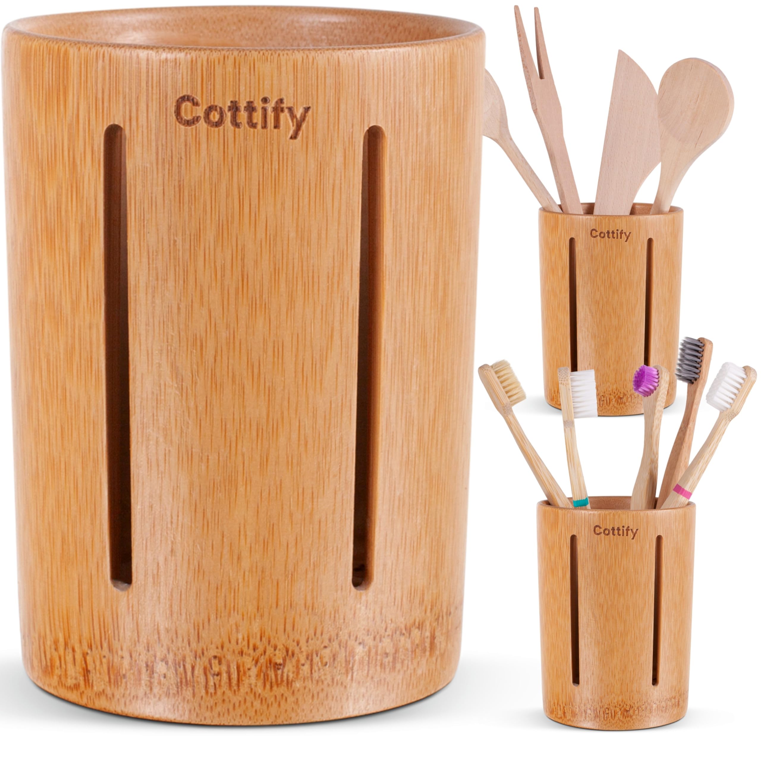Eco-Friendly Bamboo Toothbrush Holder with Drainage - Quick Drying Bathroom Organizer for Toothbrush, Toothpaste & Cups - Natural Wood Bath Accessory for Countertop or Shower - Perfect for Modern & Minimalist Home Decor