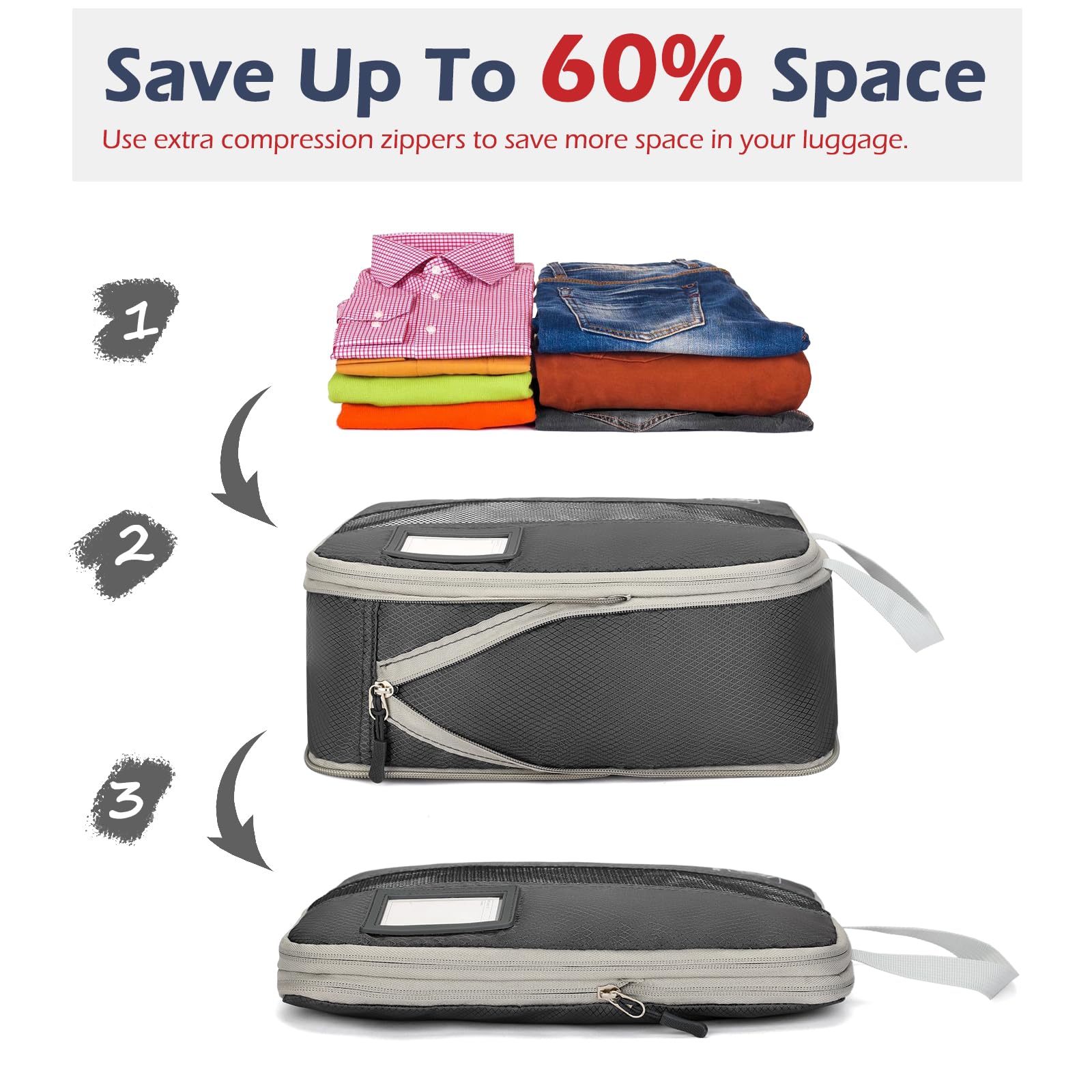 4/6 Set Expandable Compression Packing Cubes with Label - Travel Organizer Bags for Carry-On Luggage & Suitcase - Perfect for Business Trips, Vacations & Weekend Getaways