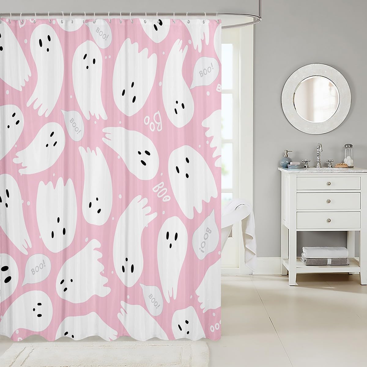 Feelyou Pink Halloween Bath Curtain 72x78 Inches - Cute Cartoon Ghost Shower Curtain for Kids, Kawaii Bathroom Decor, Waterproof Polyester Shower Liner Set - Perfect for Halloween Party Decorations, Kids' Bathroom, and Themed Birthday Decor