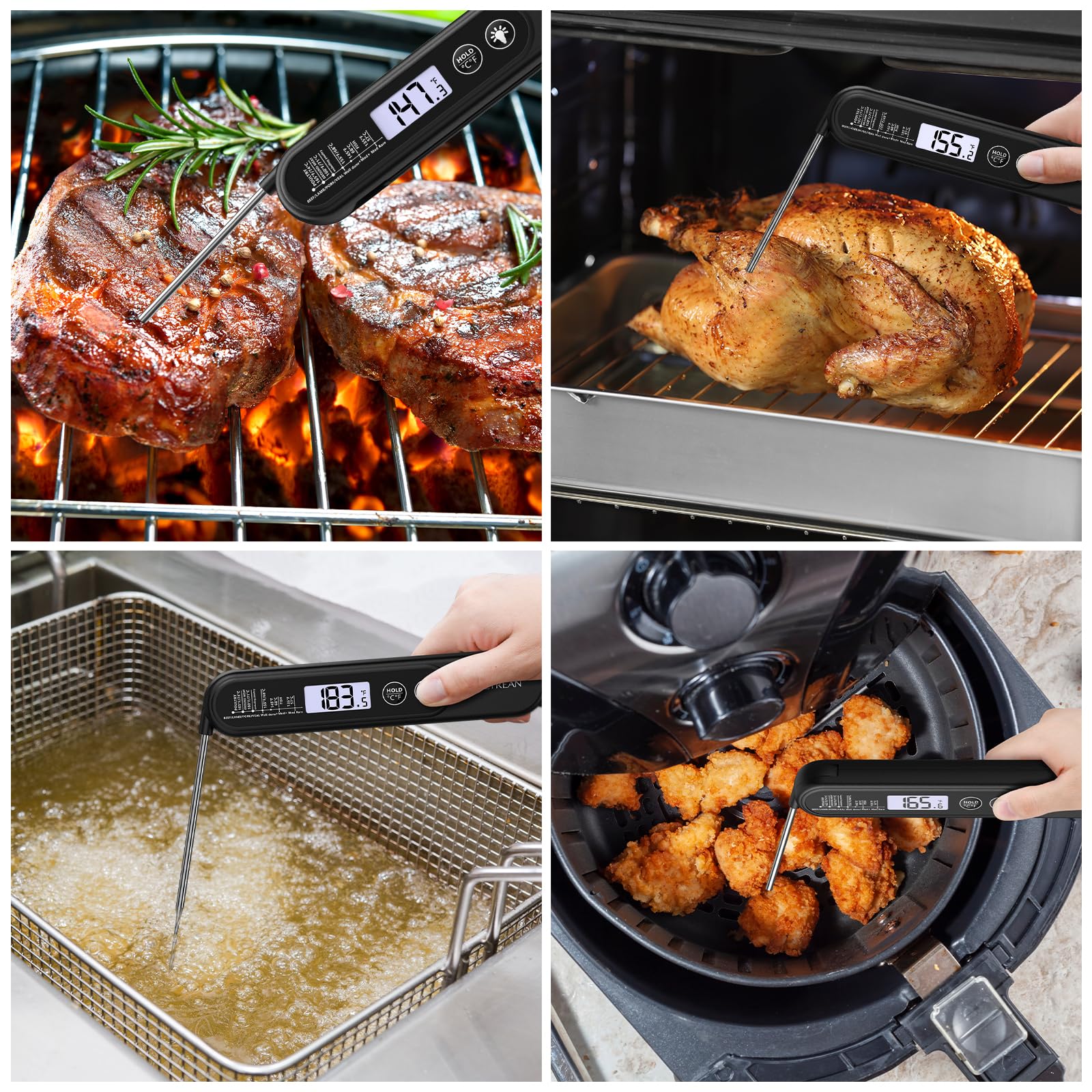 Ultrean Digital Meat Thermometer - Instant Read Food Thermometer with Backlight & Foldable Probe | Waterproof Kitchen Thermometer for BBQ, Grilling, Frying, Baking & Candy Making | Perfect for Home Cooks, Chefs & Outdoor Cooking
