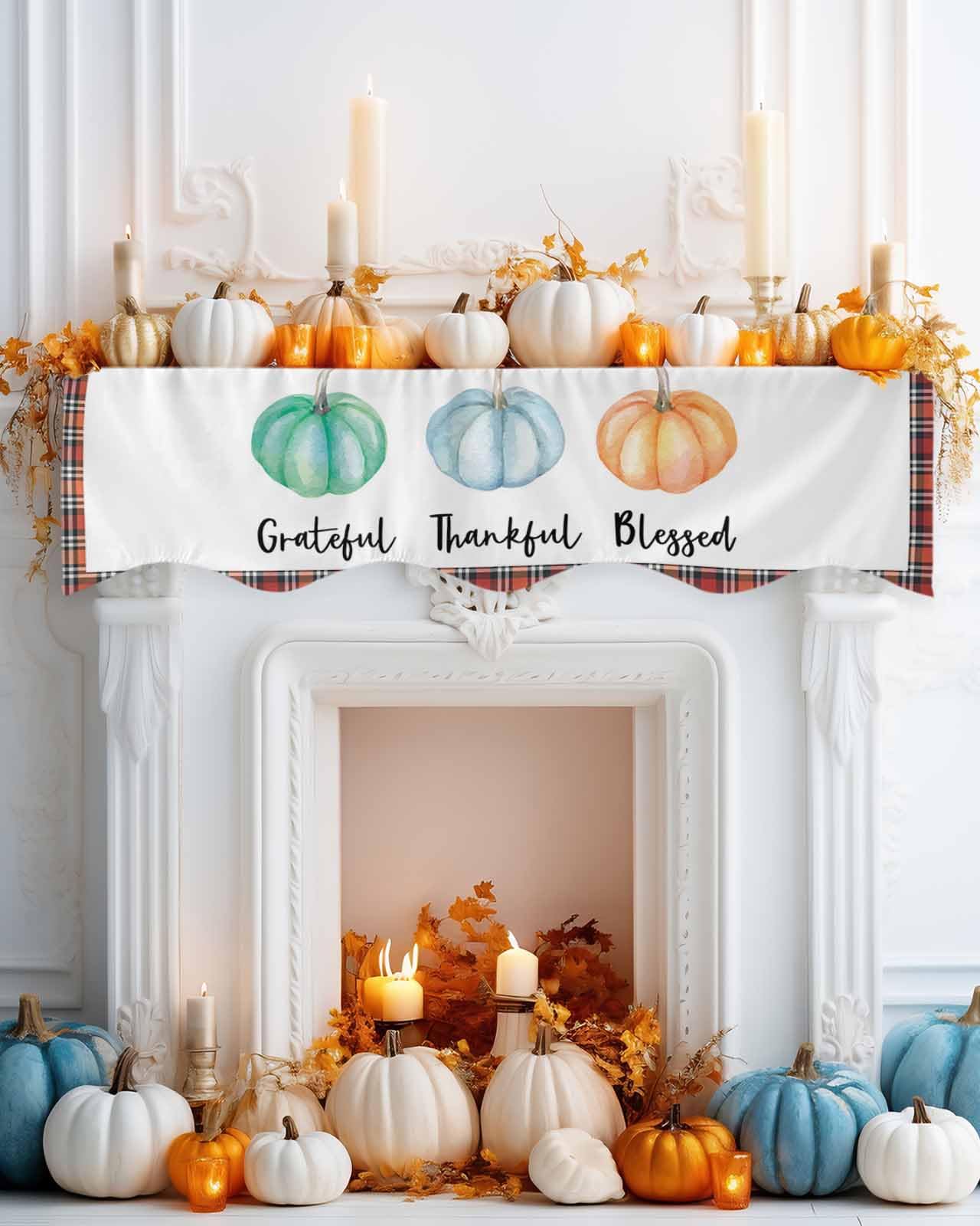 Fall Fireplace Scarf - Pumpkin Thanksgiving Mantel Cover with Plaid Check Design for Fireplace Decor | Grateful Blessed Holiday Home Decor | Perfect for Indoor/Outdoor Use, Seasonal Parties & Cozy Gatherings
