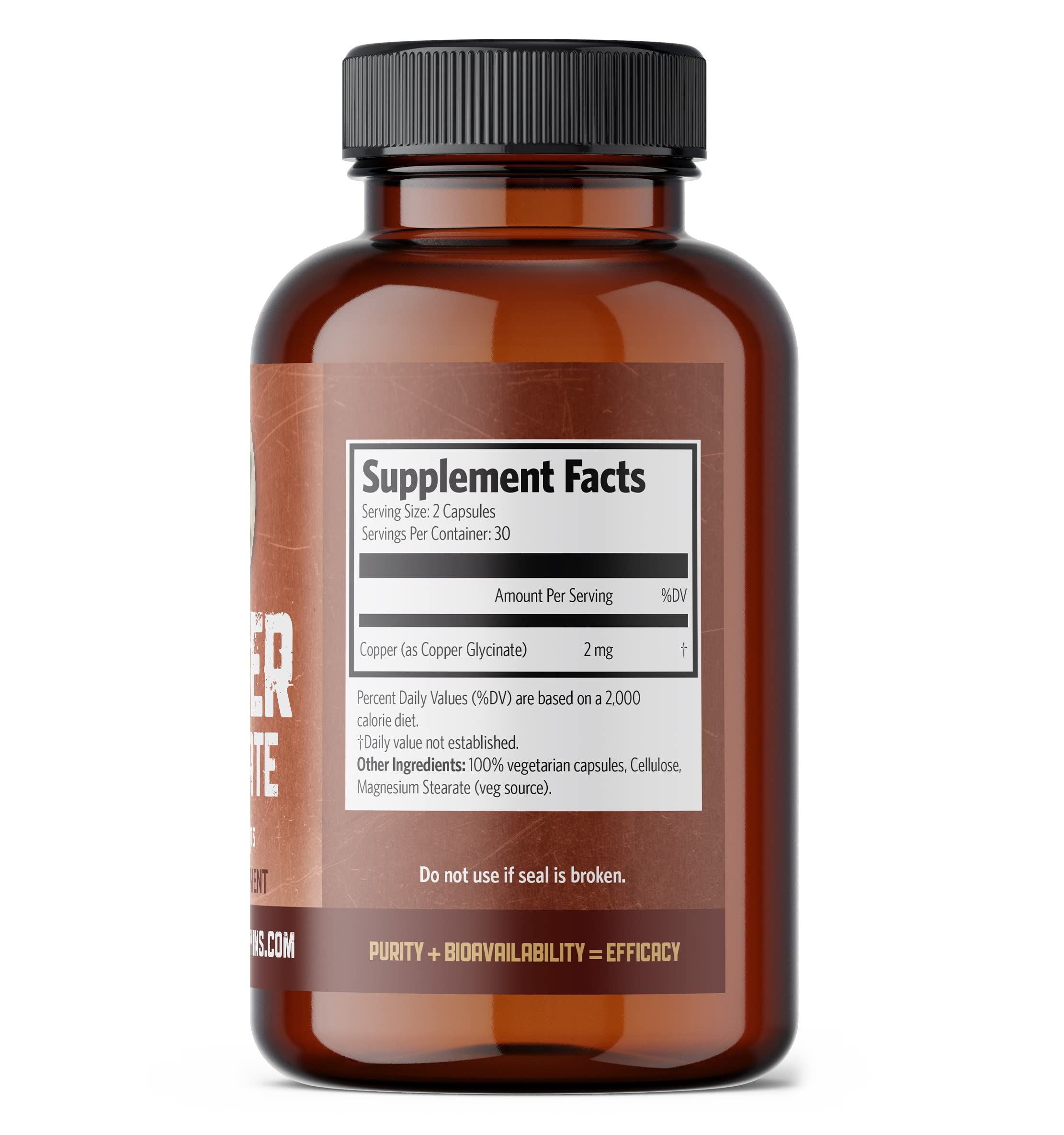 Pure Lab Vitamins Copper Glycinate 1mg - 60 Vegan Capsules | Essential Mineral for Collagen Production, Immune Support & Red Blood Cell Formation | Gluten-Free, Non-GMO, Made in Canada | Daily Supplement for Energy & Skin Health