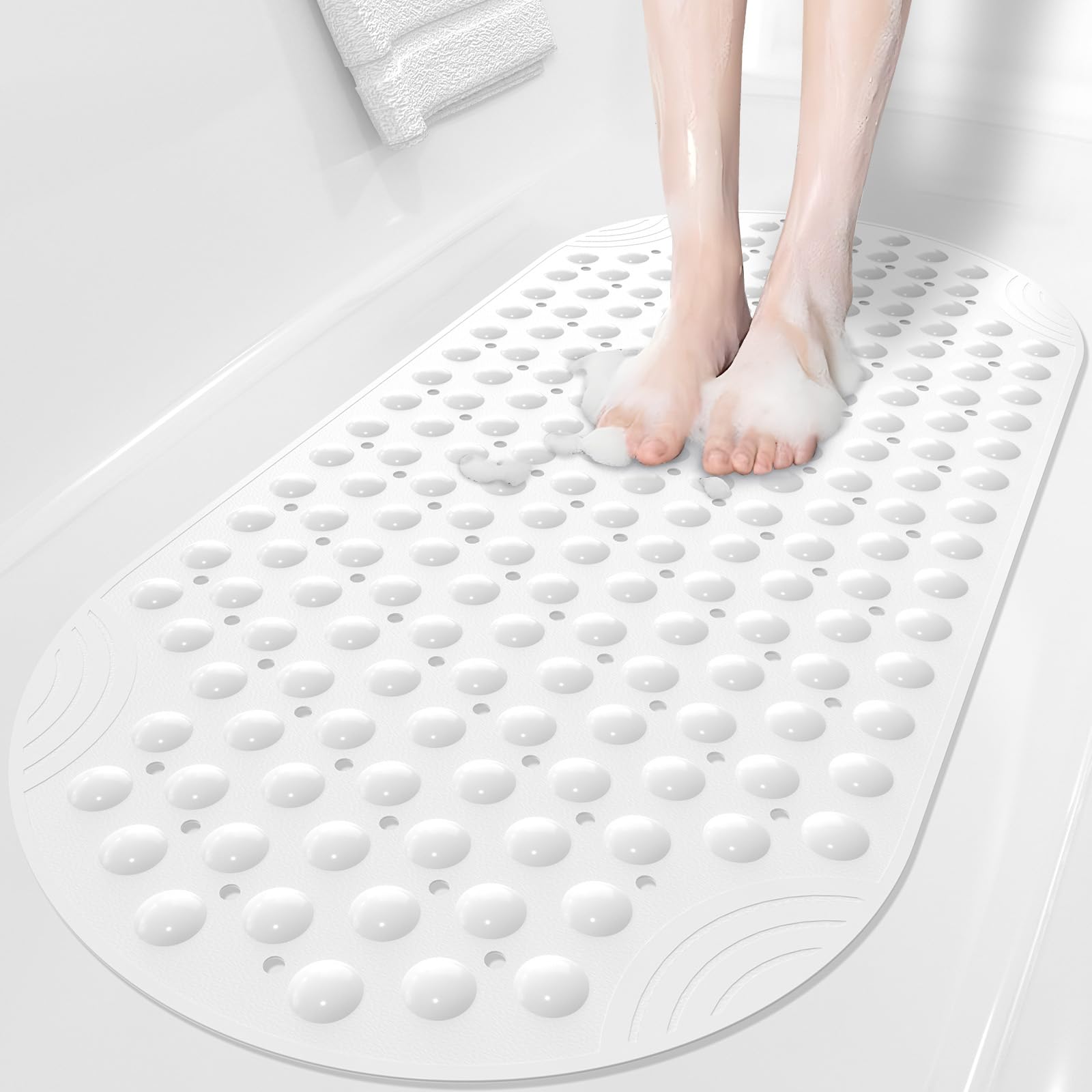 XIYUNTE Non-Slip Anti-Mold Bath Mat - 35x16 Inch Oval Shower Mat with Suction Cups, Machine Washable PVC Bathtub Mat for Bathroom Safety (White) - Perfect for Wet Floors, Shower Stall & Bathtub Protection