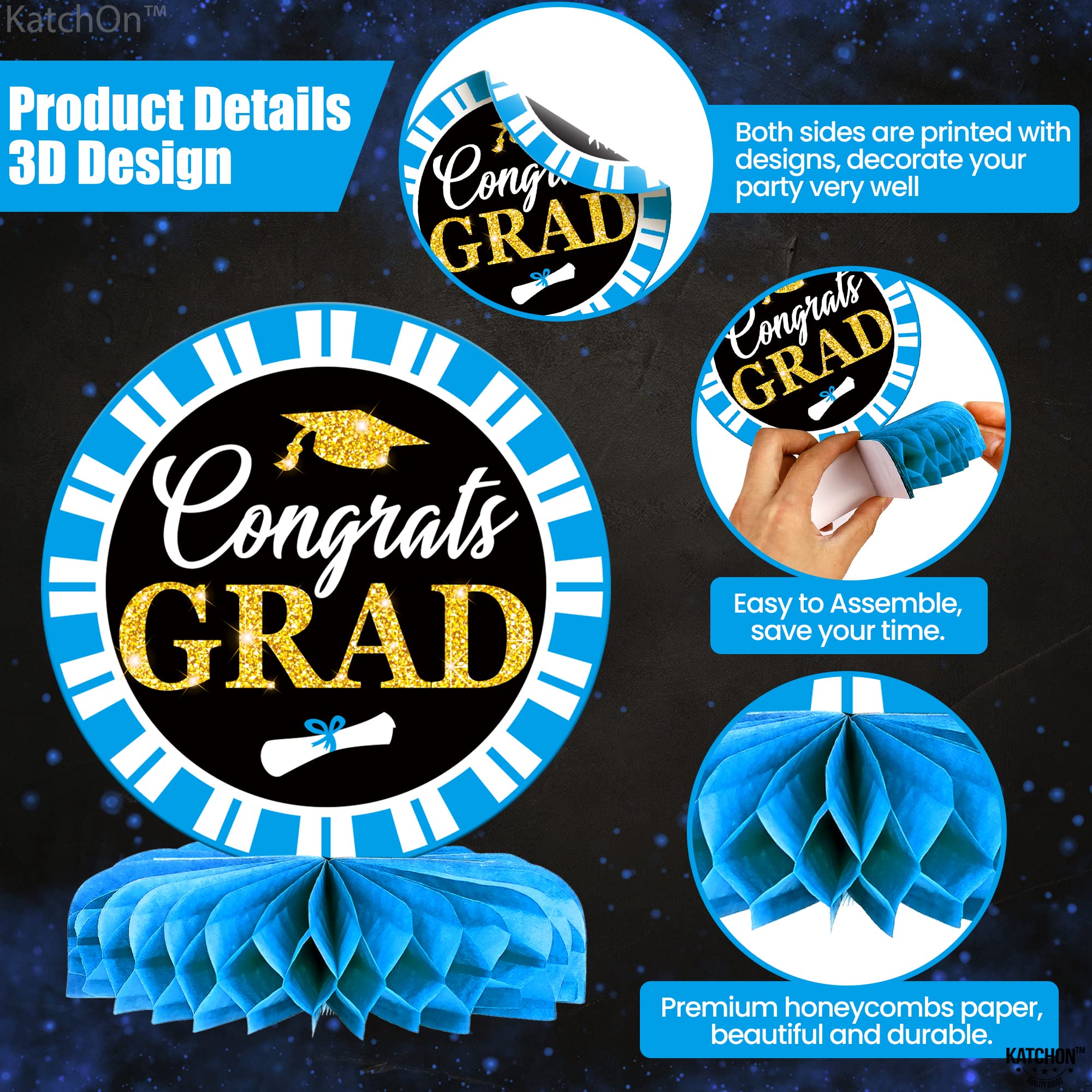 KatchOn 2025 Graduation Table Centerpieces - Pack of 9 Light Blue & Black Honeycomb Decor for Graduation Party, Class of 2025 Decorations | Perfect for Graduation Ceremony, Banquet, and Photo Backdrop Decor