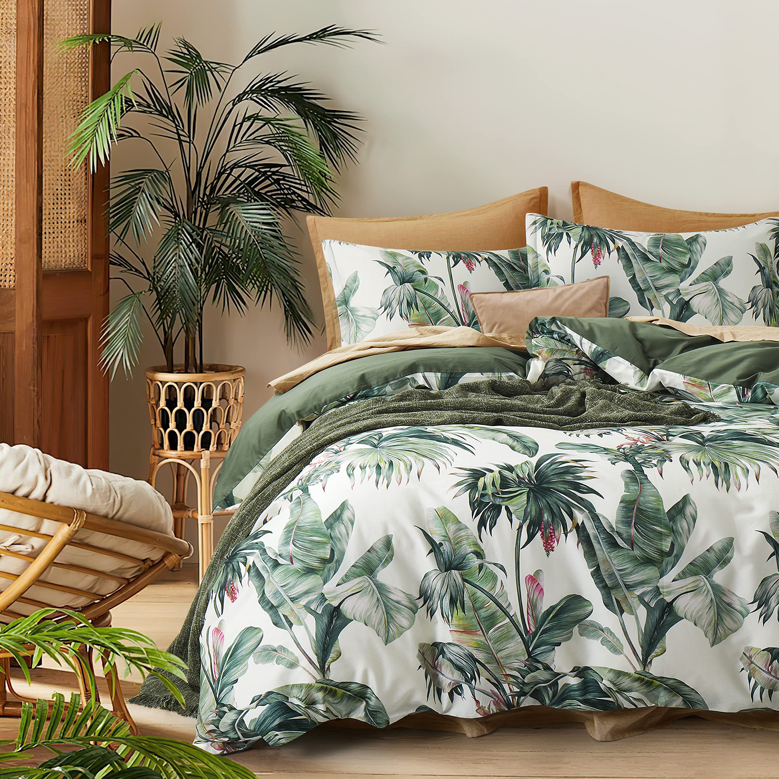 Premium Tropical Palm Leaf Duvet Cover Set - 100% Cotton Botanical Bedding with Exotic Floral Design, Super King Size for Bedroom Decor | Perfect for Boho, Jungle & Island Themed Rooms (Rainforest Collection)