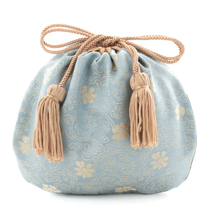 Nishijin Ori Small Drawstring Bag - Chrysanthemum & Peony Floral Design in Blue | Handmade Kyoto Japanese Traditional Craft Purse | Perfect for Gift, Cosmetics & Jewelry Storage