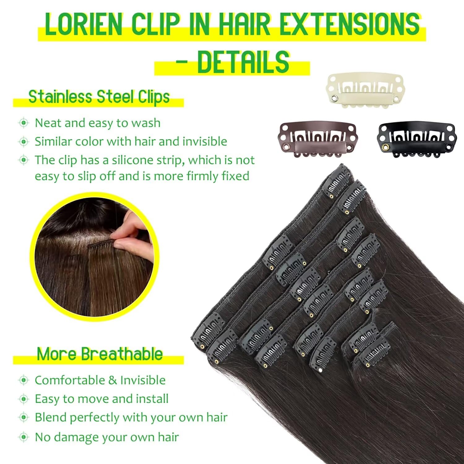 LORIEN 16 Inch Clip-in Human Hair Extensions - 100% Brazilian Remy Hair, 1B Natural Black, 90g 8-Piece Set with 18 Double Weft Clips for Volume & Length | Perfect for Parties, Weddings & Daily Styling