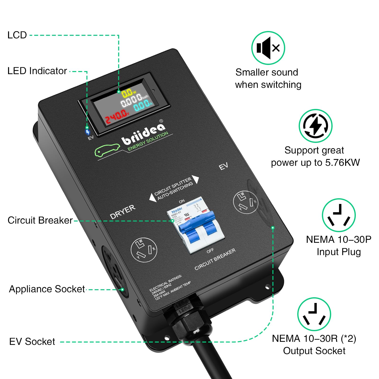 Briidea Automatic Power Switch for Dryer and EV Charger - 30 Amp NEMA 10-30 Plug - Fast EV Charging - Smart Home Energy Management - Perfect for Laundry Rooms & Electric Vehicle Charging Stations