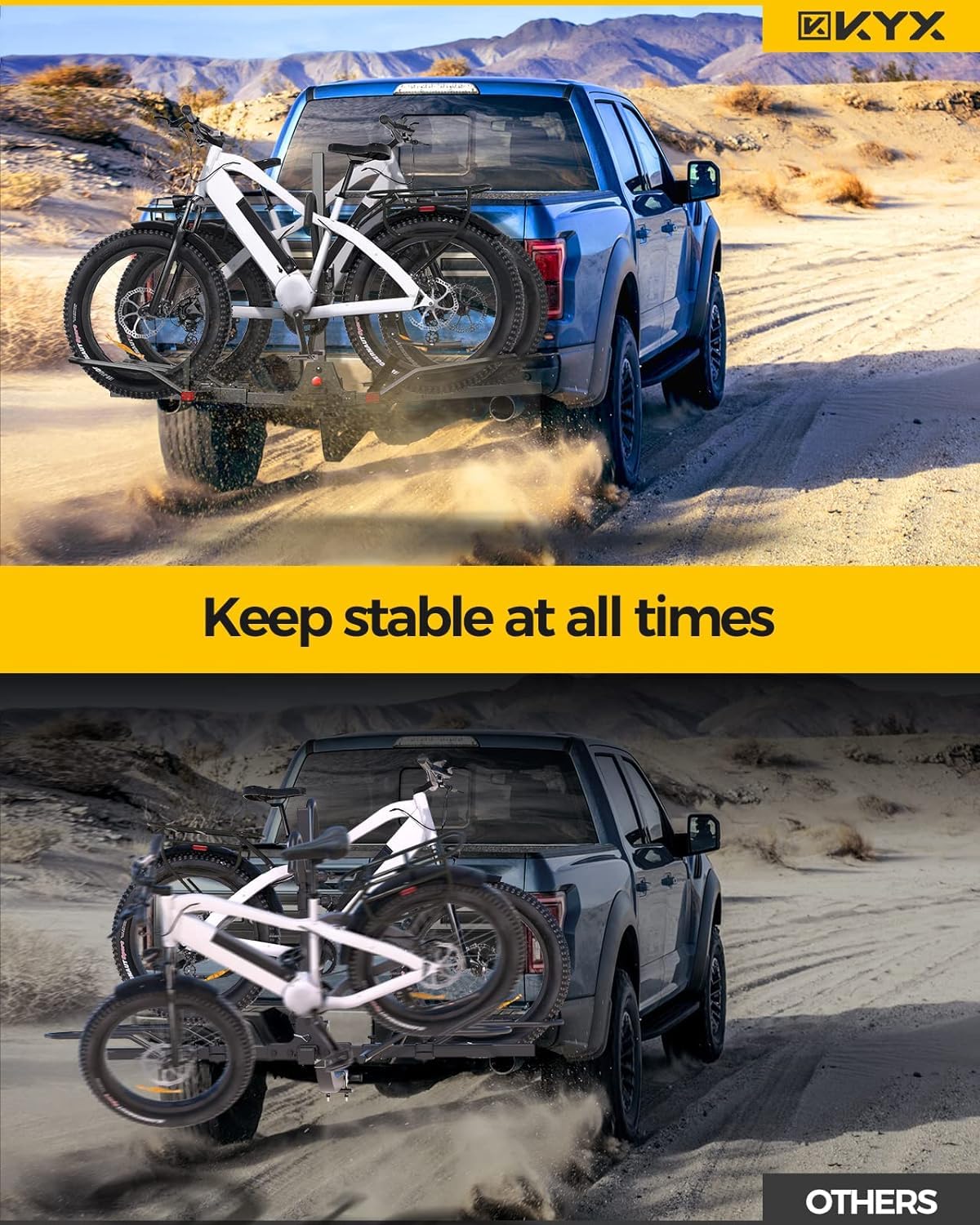 KYX 2-Bike Hitch Mount Bike Rack for SUV & RV - 180LBS Capacity, E-Bike Compatible, Quick Tilt Release, Foldable & Anti-Wobble Design with Double Lock System - Perfect for Road Trips, Camping & Outdoor Adventures