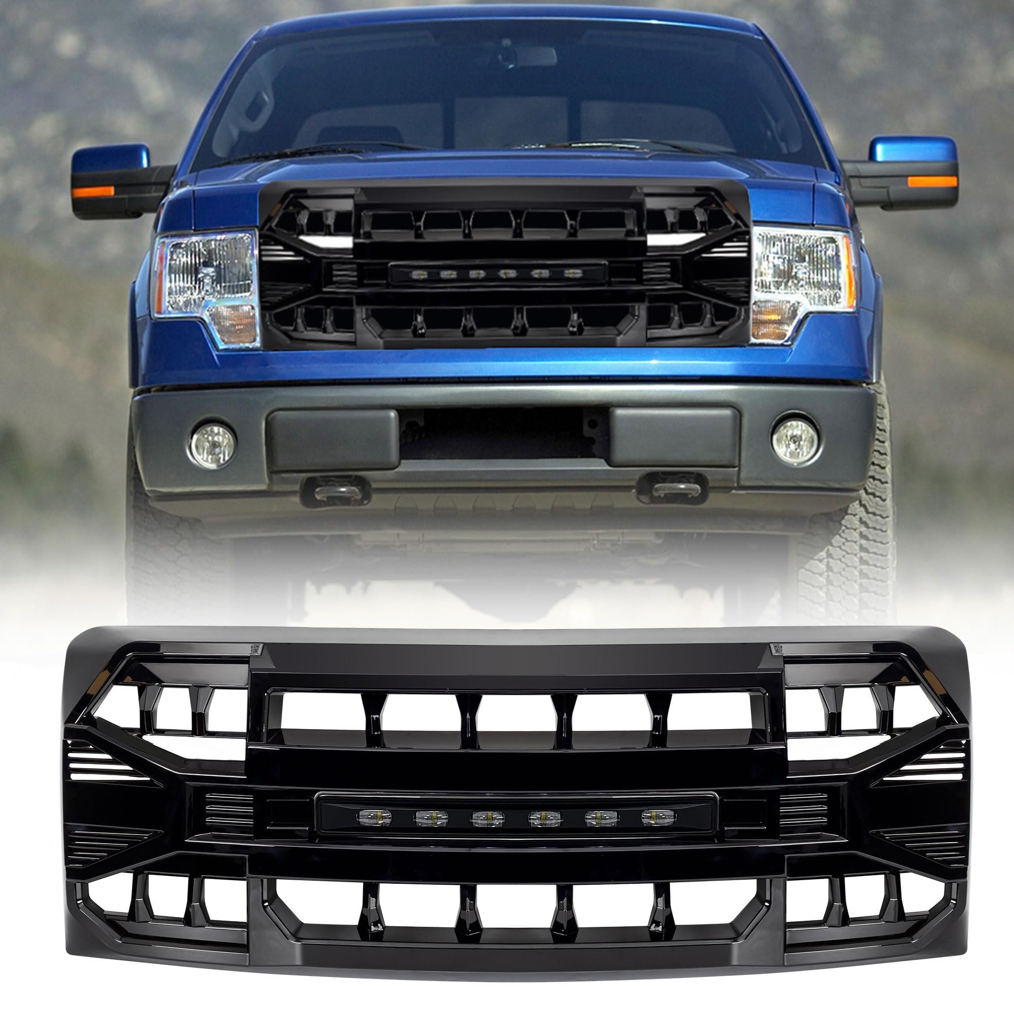 Direct Fit Replacement Front Armor Grille for 2009-2014 Ford F150 with Off-Road Lights - Glossy Black | Heavy Duty Truck Accessory for Off-Roading & Customization