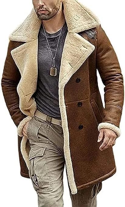 Genuine Shearling Brown Leather Coat for Men - Real Sheepskin B3 Bomber Aviator Jacket with Artificial Fur Lining (Size 5XL, NS-1082) - Perfect for Winter Warmth & Outdoor Adventures