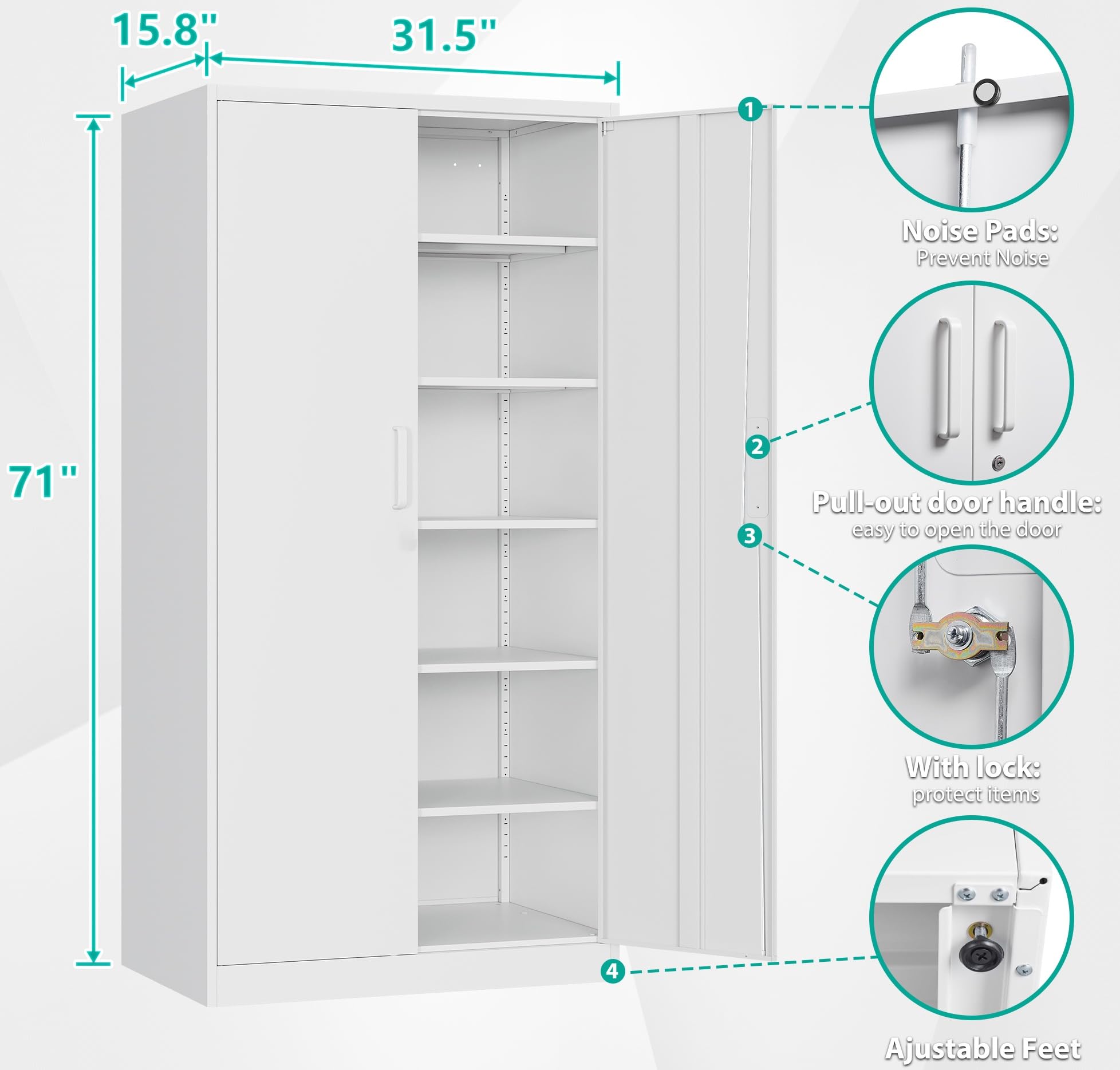 White Metal Storage Cabinet with 5 Adjustable Shelves & Locking Doors - 71