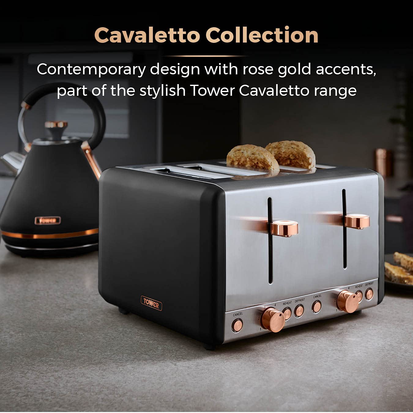 Premium Tower Cavaletto Black & Rose Gold 7-Piece Kitchen Set - Pyramid Kettle, 4-Slice Toaster, Microwave, Bread Bin & 3 Canisters for Tea, Coffee & Sugar | Stylish Modern Kitchen Essentials for Small Spaces & Apartments