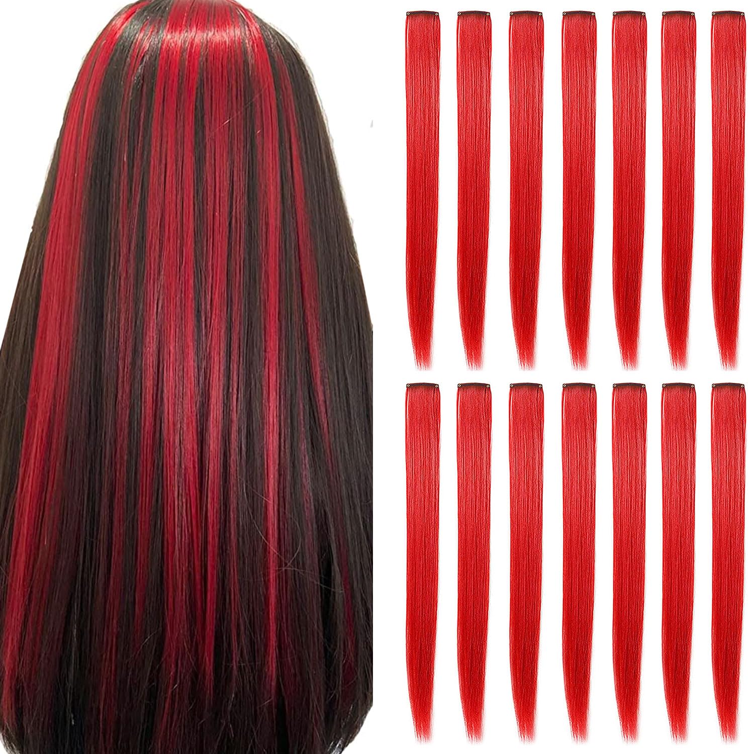 12 Pcs Red Clip-in Hair Extensions for Women - Straight Synthetic Hairpieces with Multi-Colors Highlights for Party, Cosplay & Daily Styling