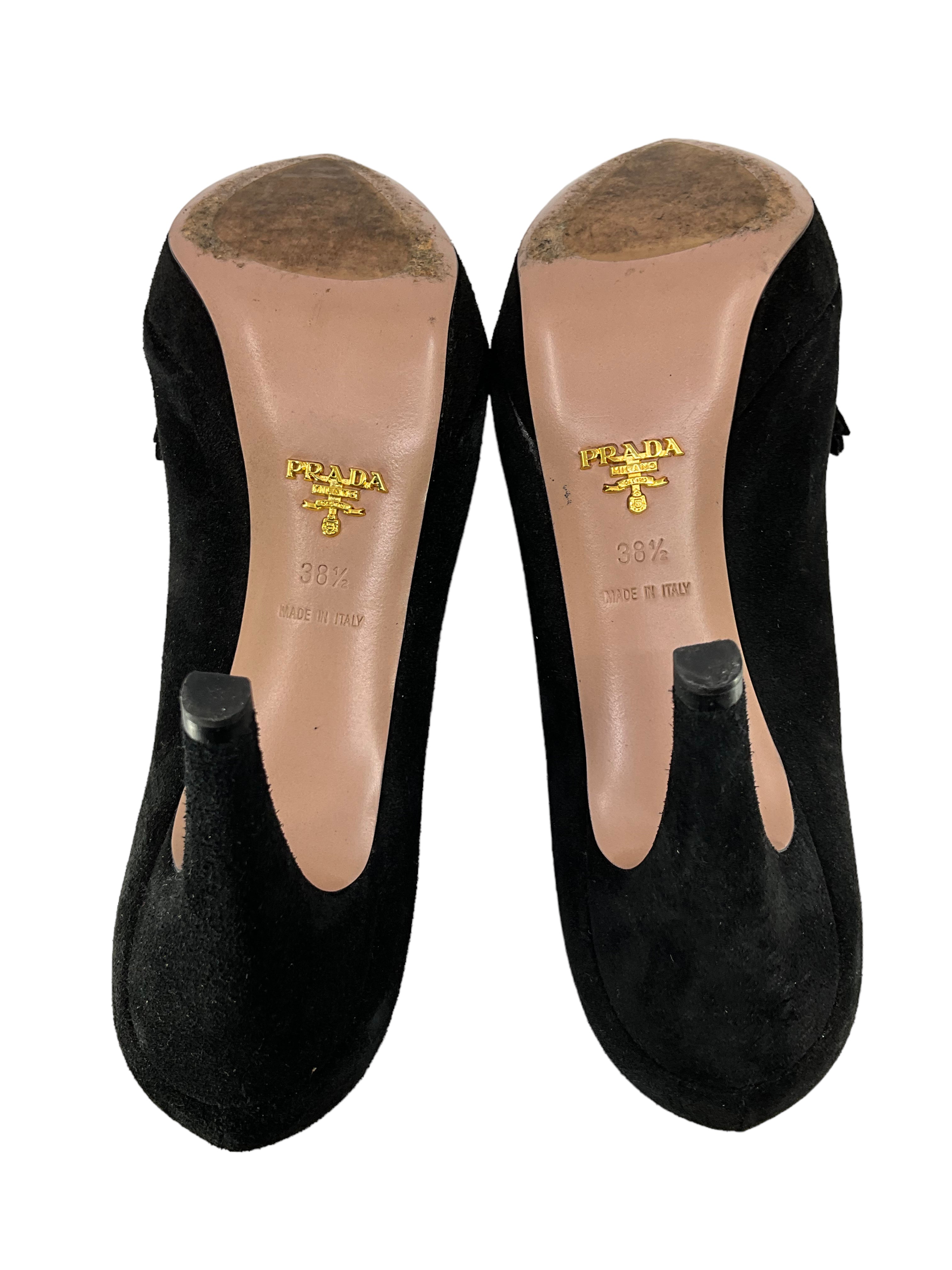 Prada Black Suede Platform Pumps with Bow - Women's Size 8.5 US | Luxury High Heel Dress Shoes for Weddings, Parties & Formal Events