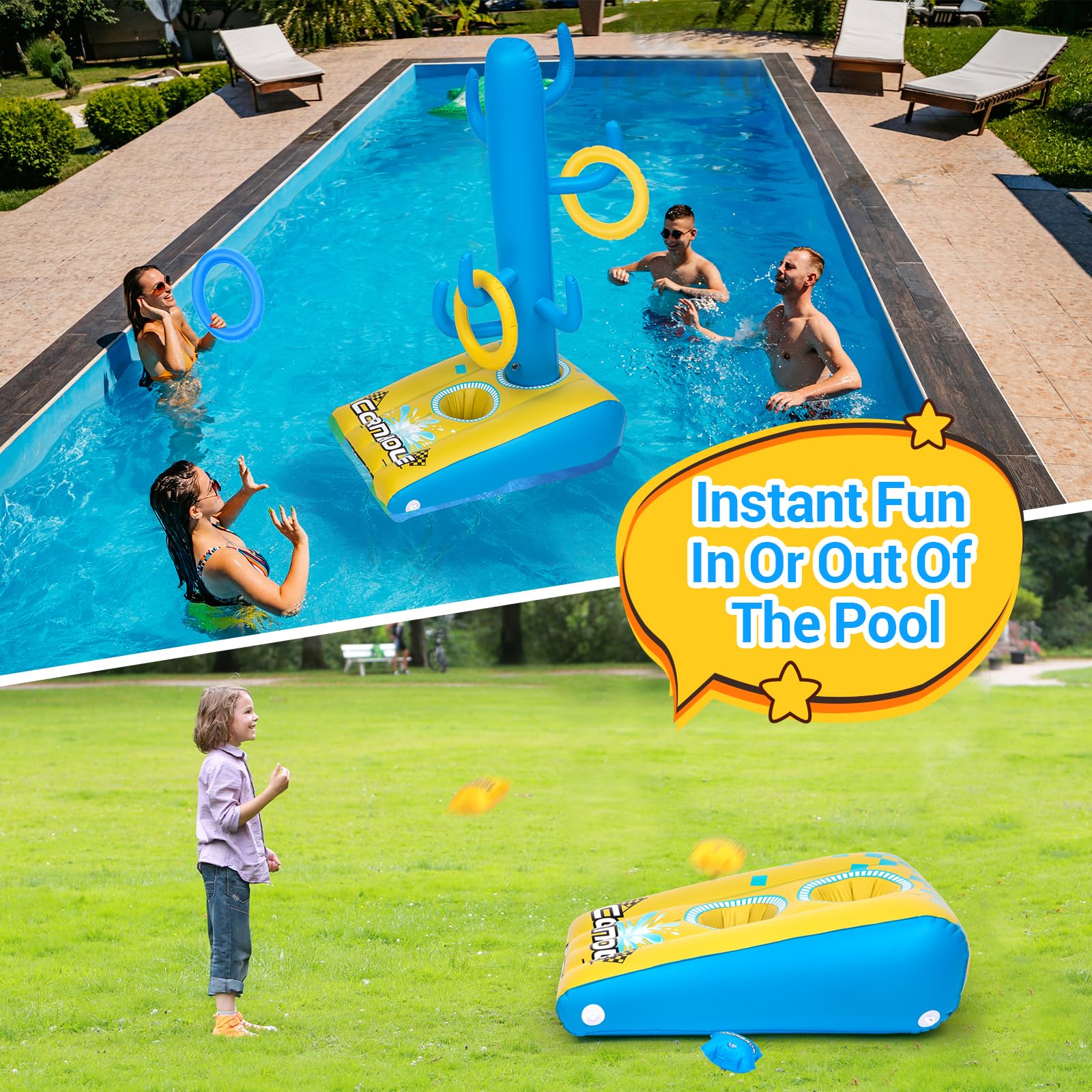 2-in-1 Inflatable Cornhole & Ring Toss Game Set with 6 Bean Bags - Floating Pool Party Games for Adults, Teens and Family - Perfect for Backyard BBQs, Beach Outings and Summer Pool Parties