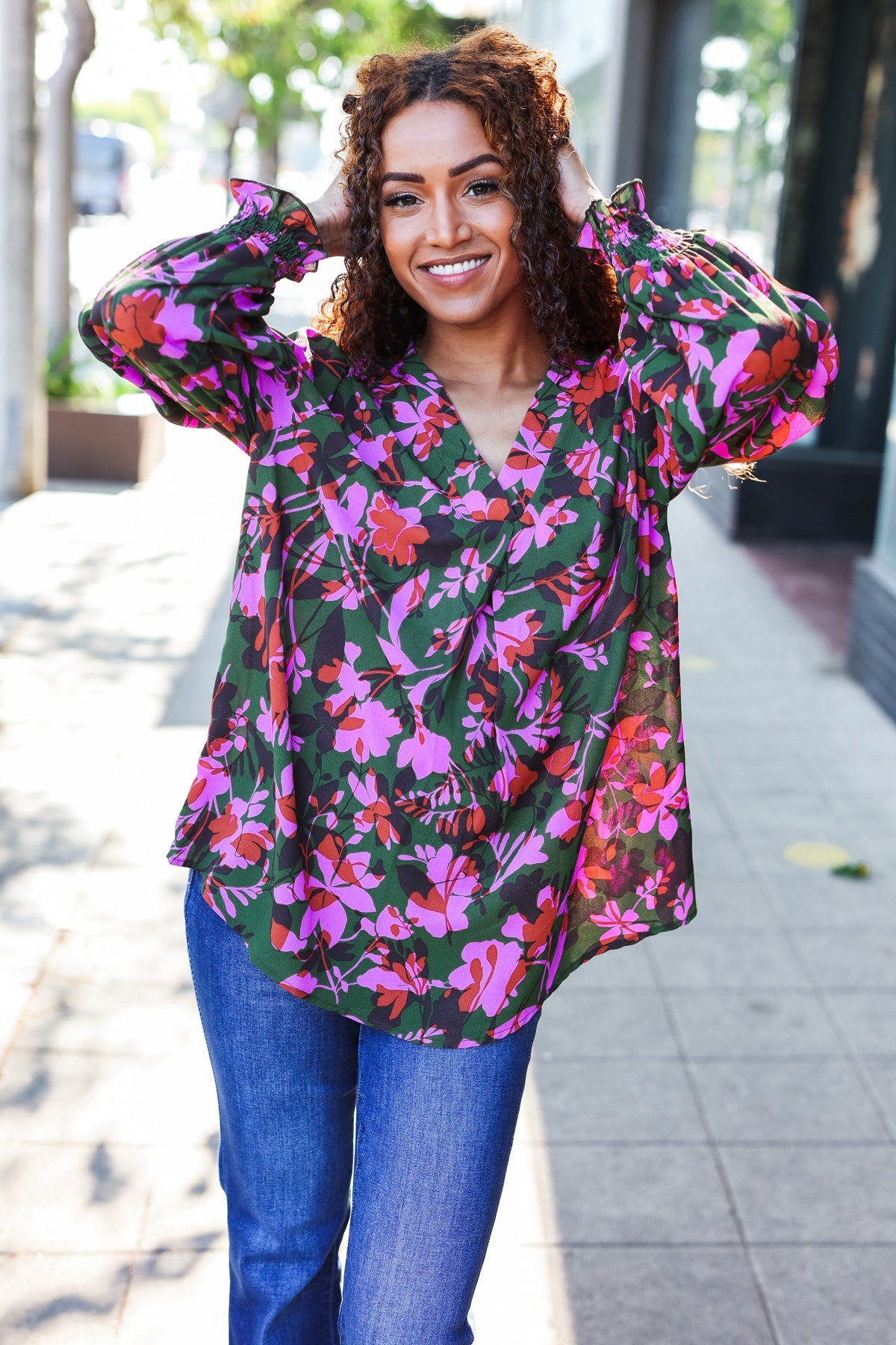 Eyes On You Forest Green Floral Smocked Bubble Sleeve V-Neck Blouse - Elegant Spring Summer Floral Top for Women, Perfect for Date Night, Garden Party & Casual Outings