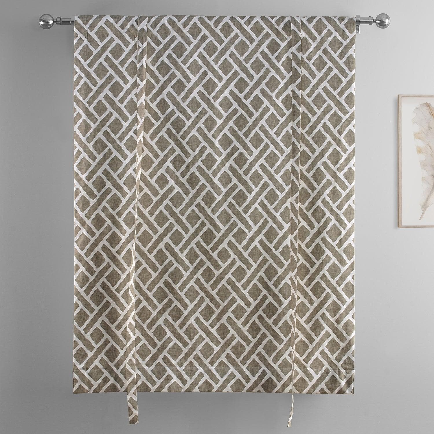 Martinique Taupe Geometric Printed Cotton Room Darkening Tie Up Window Shade - Elegant Window Treatment for Bedroom, Living Room & Home Office