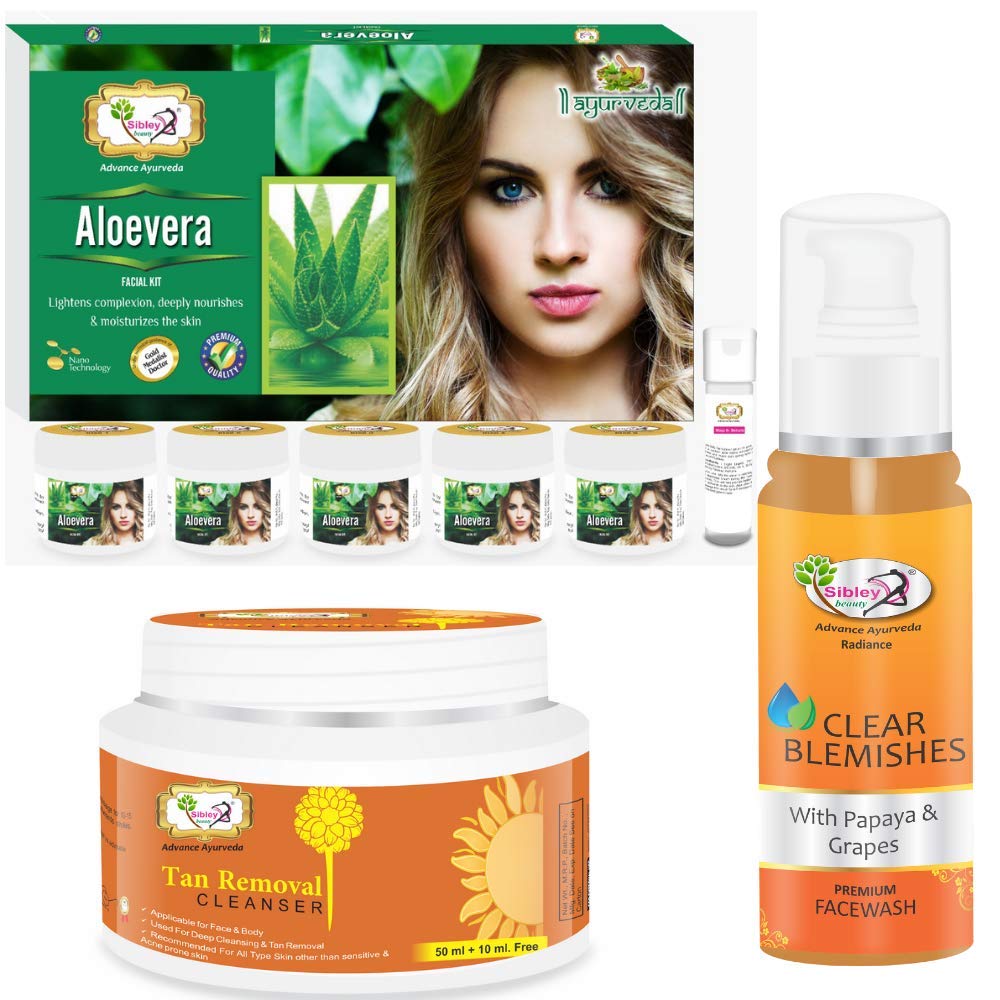 Sibley Beauty Aloe Vera Moisturizing Facial Kit with Papaya Face Wash & De Tan Cleanser - 155gm Cream + 10ml Serum, 100ml Face Wash, 60gm Cleanser - For Men, Women, Teens - Normal, Oily, Dry & Combination Skin - Daily Skincare Routine & Post-Sun Care