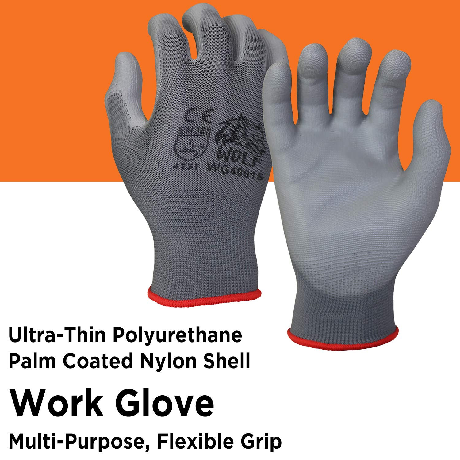 WOLF Polyurethane Palm Coated Nylon Shell Work Gloves - Durable Construction, Mechanic, Warehouse & Gardening Gloves for Heavy Duty Protection - Ideal for Yard Work, Landscaping and DIY Projects
