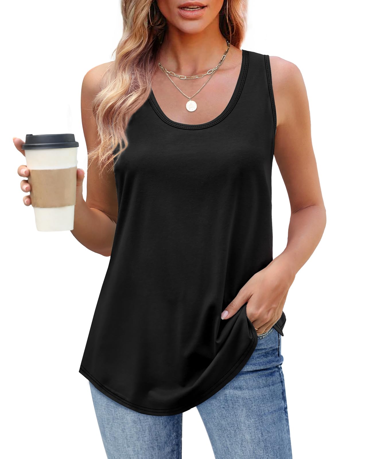 OFEEFAN Women's Loose Fit Scoop Neck Tank Tops - Casual Summer Sleeveless Shirts with Curvy Hem | Perfect for Beach, Yoga, Workout & Everyday Wear