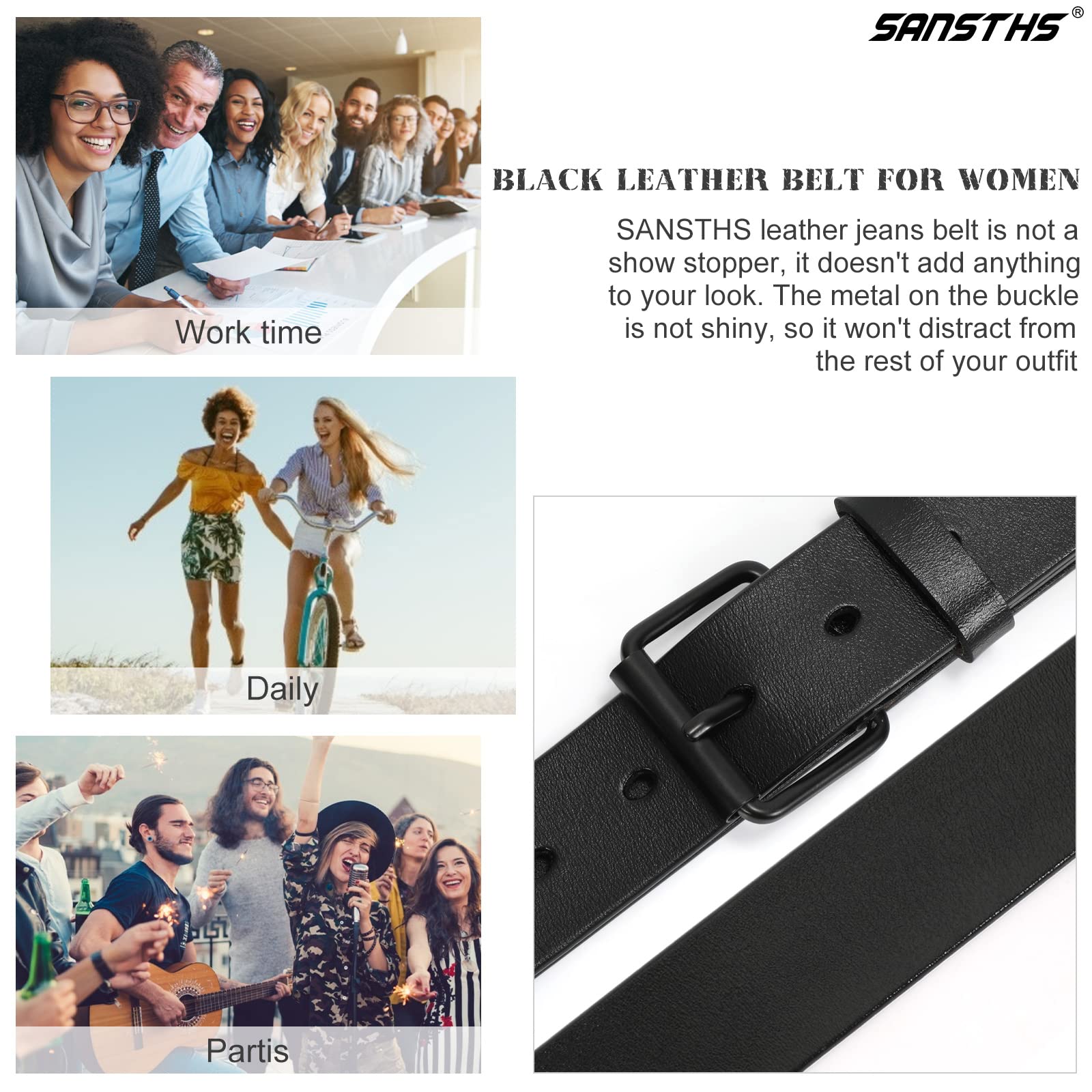 SANSTHS Women's Black Leather Belt with Gold Buckle - Stylish Casual Dress Belt for Jeans & Pants - Perfect for Office, Date Night & Everyday Outfits