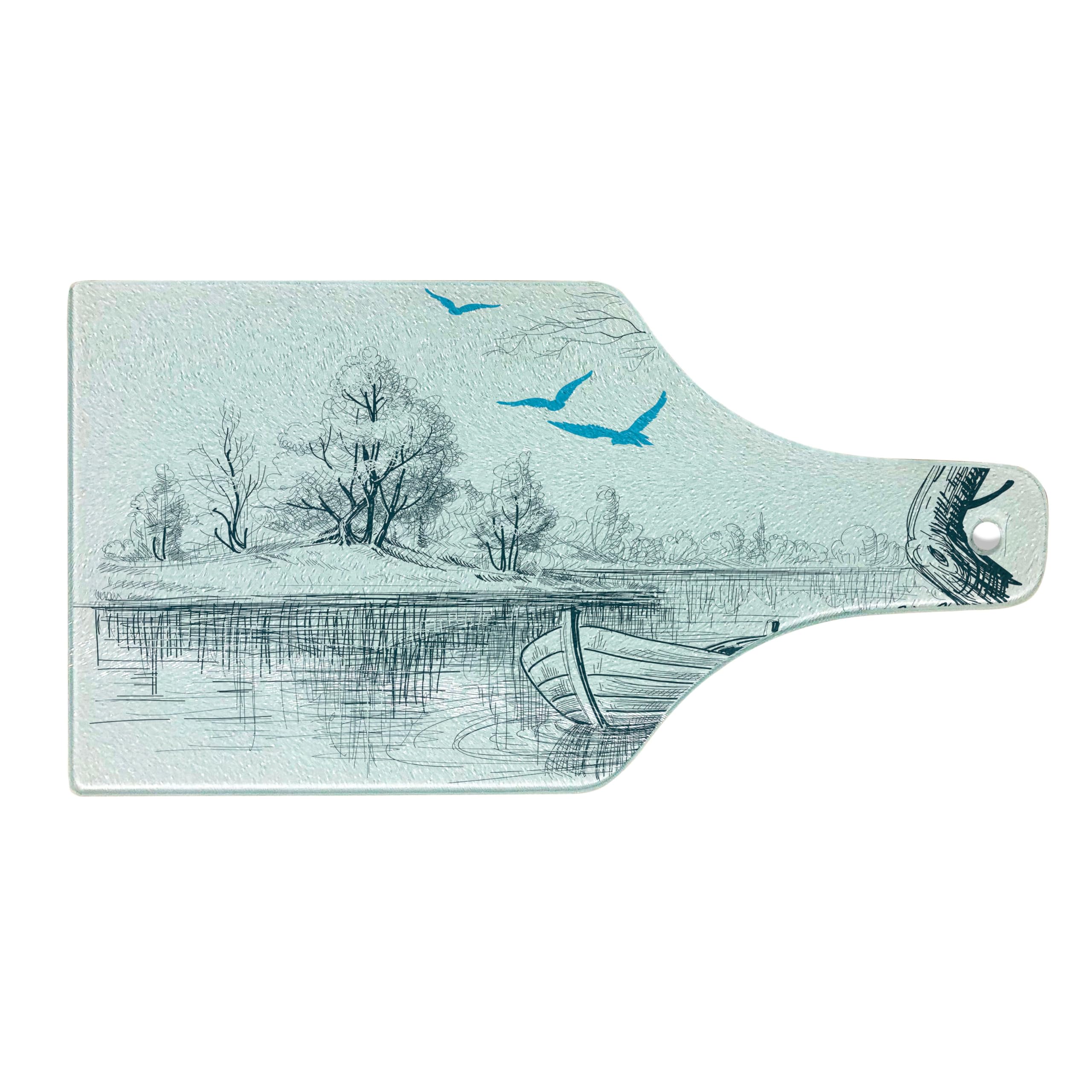Ambesonne Boat on River Sketch Cutting Board - Tempered Glass Serving Board for Kitchen, Charcuterie & Wine - Minimalist Decorative Design with Trees, Birds & Twigs - White, Gray & Blue - Perfect for Entertaining, Gifts & Home Decor