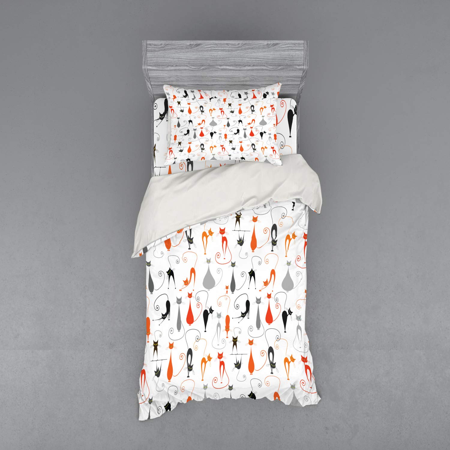 Ambesonne Cat Duvet Cover Set - Modern Minimalist Kitten Cartoon Design, 3 Piece Twin Size Bedding with Sham & Fitted Sheet, Multicolor - Perfect for Kids' Rooms, Pet Lovers' Bedrooms & Cozy Home Decor