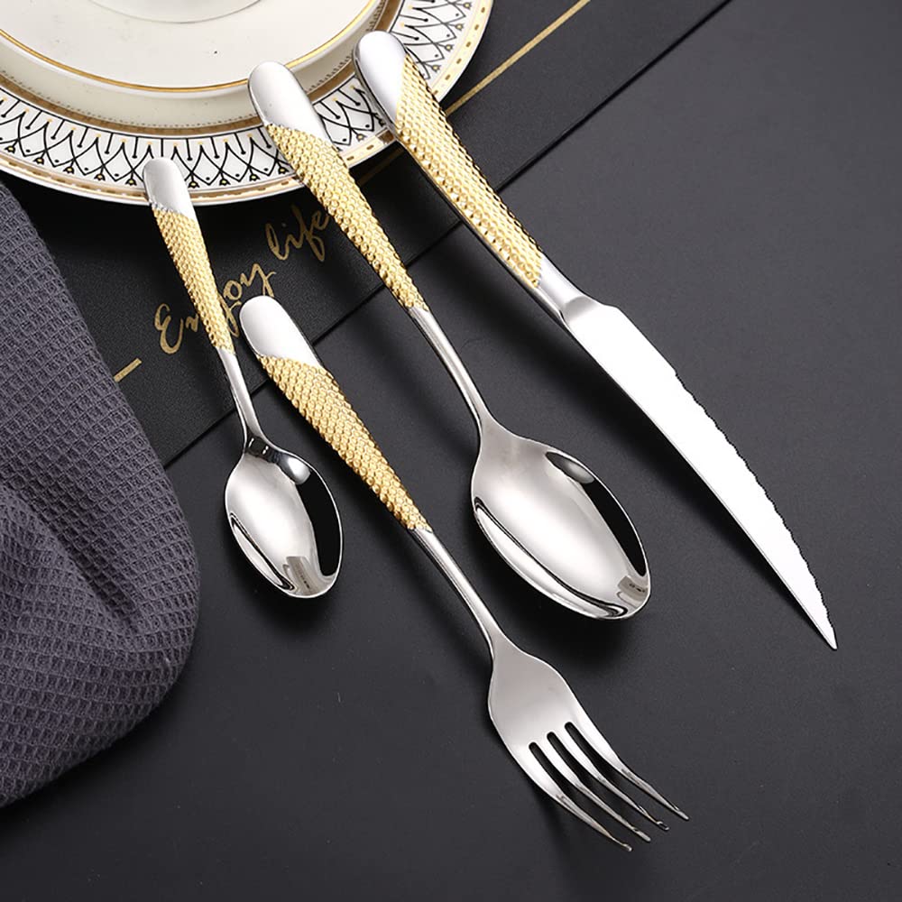 Premium 24-Piece Gold Hammered Silverware Set for 6 - 18/10 Stainless Steel Flatware with Knives, Forks & Spoons - Elegant Tableware for Home, Kitchen, Wedding, Restaurant & Party Dining