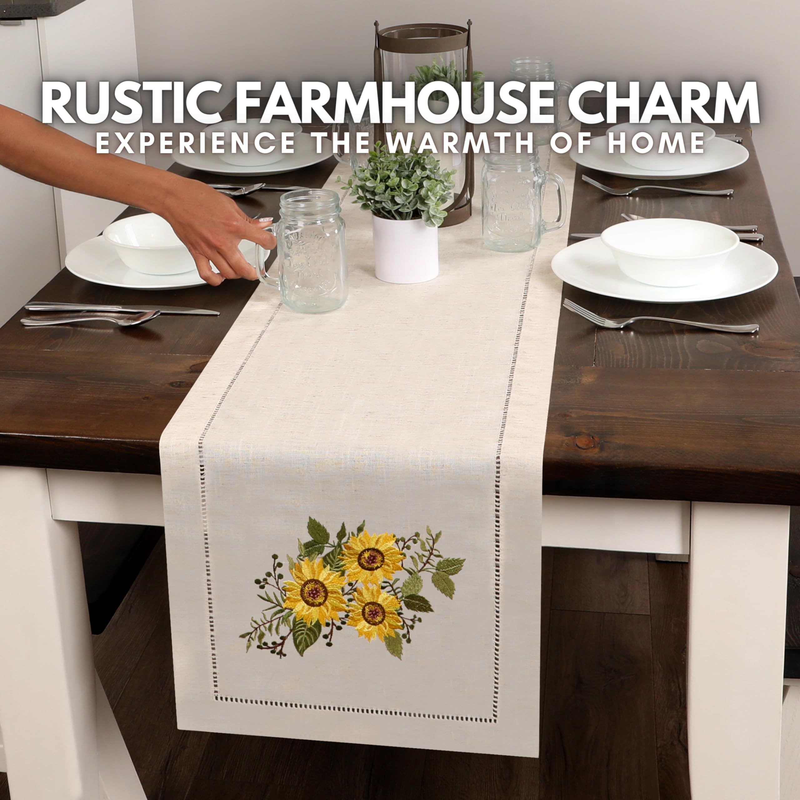 Sunflower Embroidered Beige Table Runner with Hemstitch - 14x108 Inch Rustic Farmhouse Decor for Dining Table, Coffee Table, Dresser & Bedroom - Perfect for Weddings, Holidays & Home Decoration