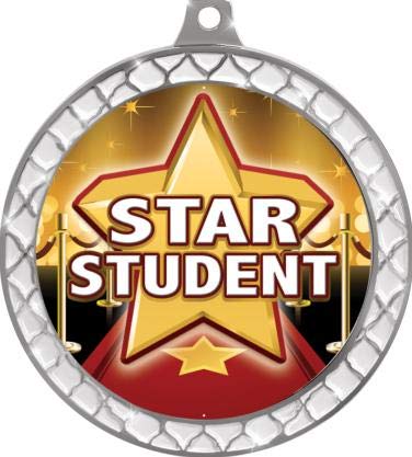 2.5 Inch Silver Star Student Trellis Medal - Academic Excellence Award for Kids, Children's Education Trophy Prize - Perfect for School Achievements, Graduation Ceremonies & Student Motivation