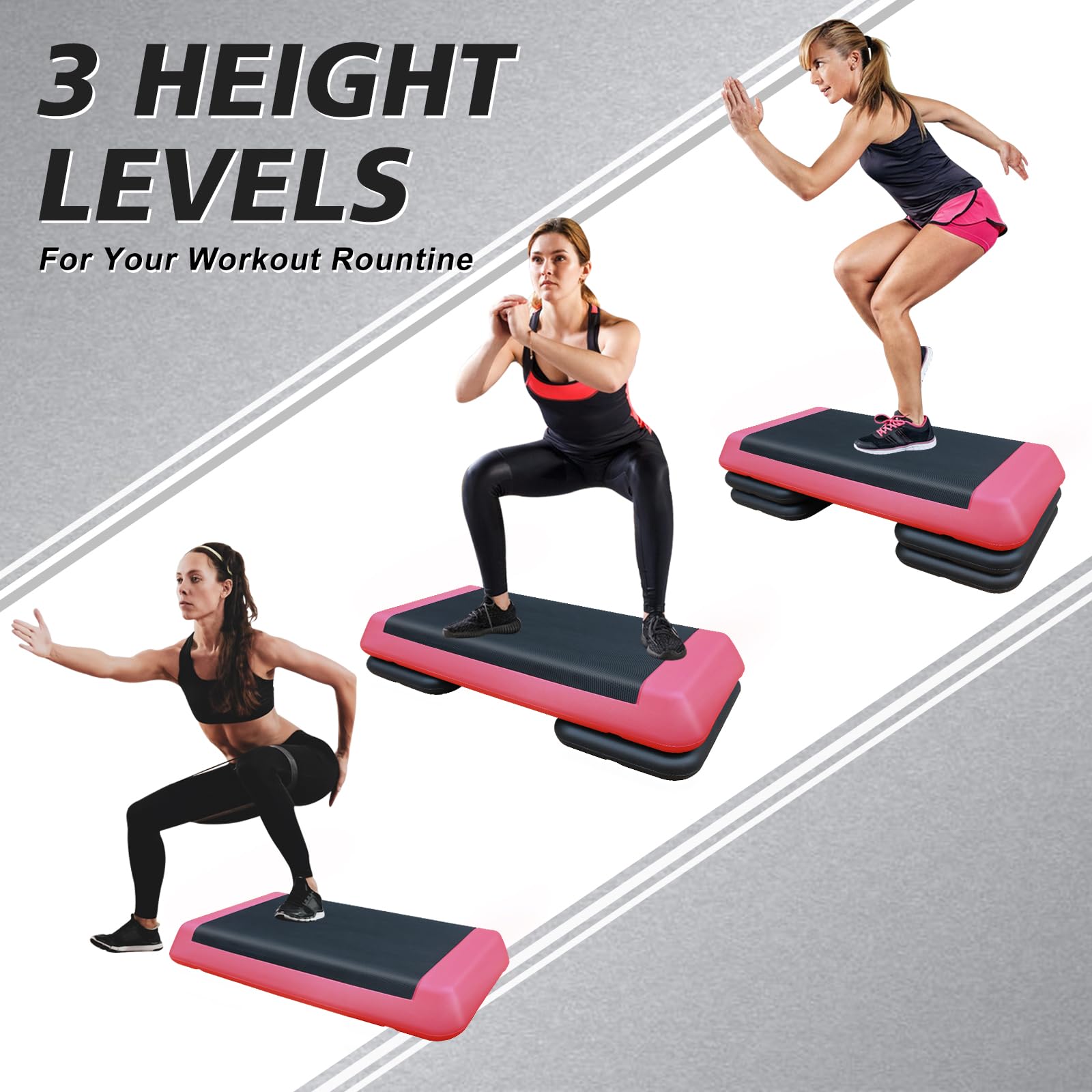 28.5'' Adjustable Aerobic Step Platform with 4 Stackable Risers (4-6-8in Height) - Home Gym Cardio & Strength Training Equipment for Fitness, Aerobics, HIIT Workouts - Perfect for Home Exercise, Group Classes & Personal Training (Red & Gray)