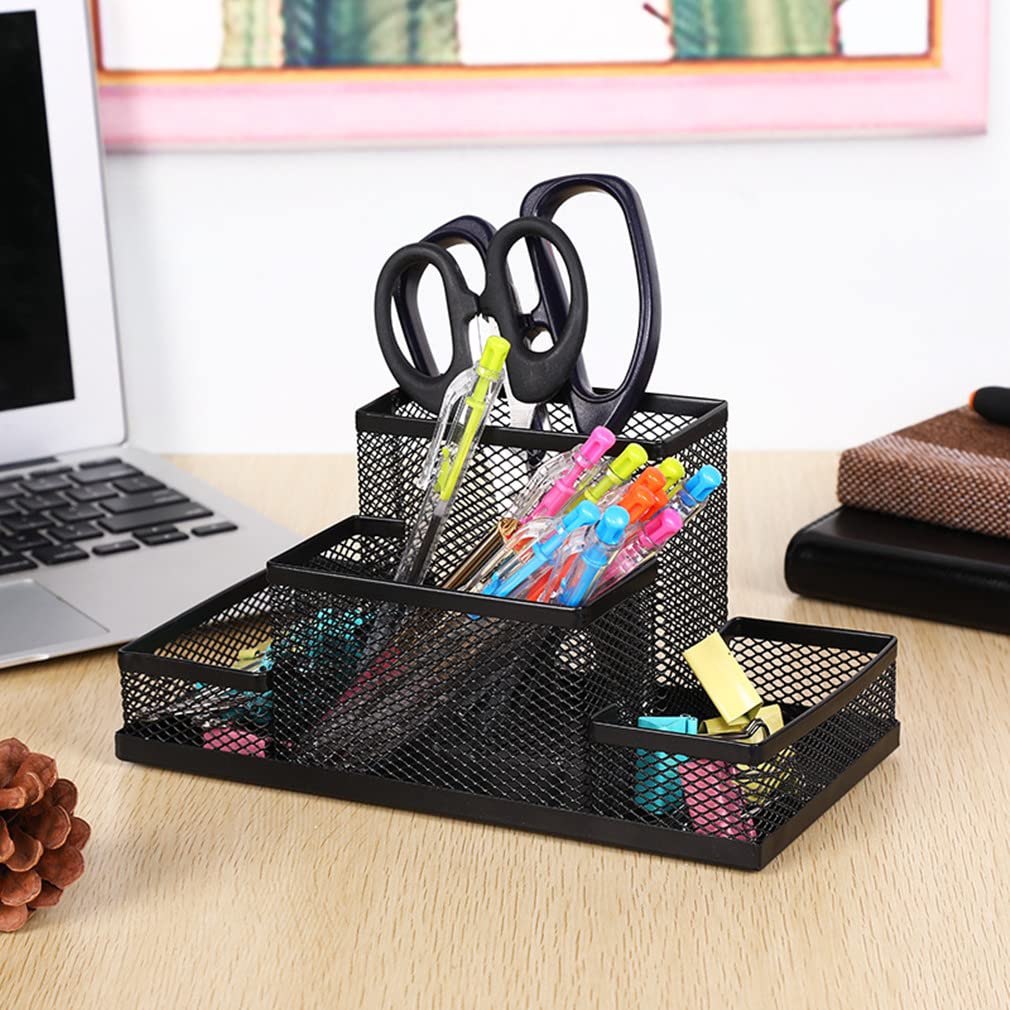 Metal Mesh Desk Organizer with 4 Compartments - Multi-Functional Office Storage Caddy, Pen Holder & Stationery Organizer for Home, Office & School Supplies | Perfect for Decluttering Desks, Organizing Schoolwork & Office Accessories