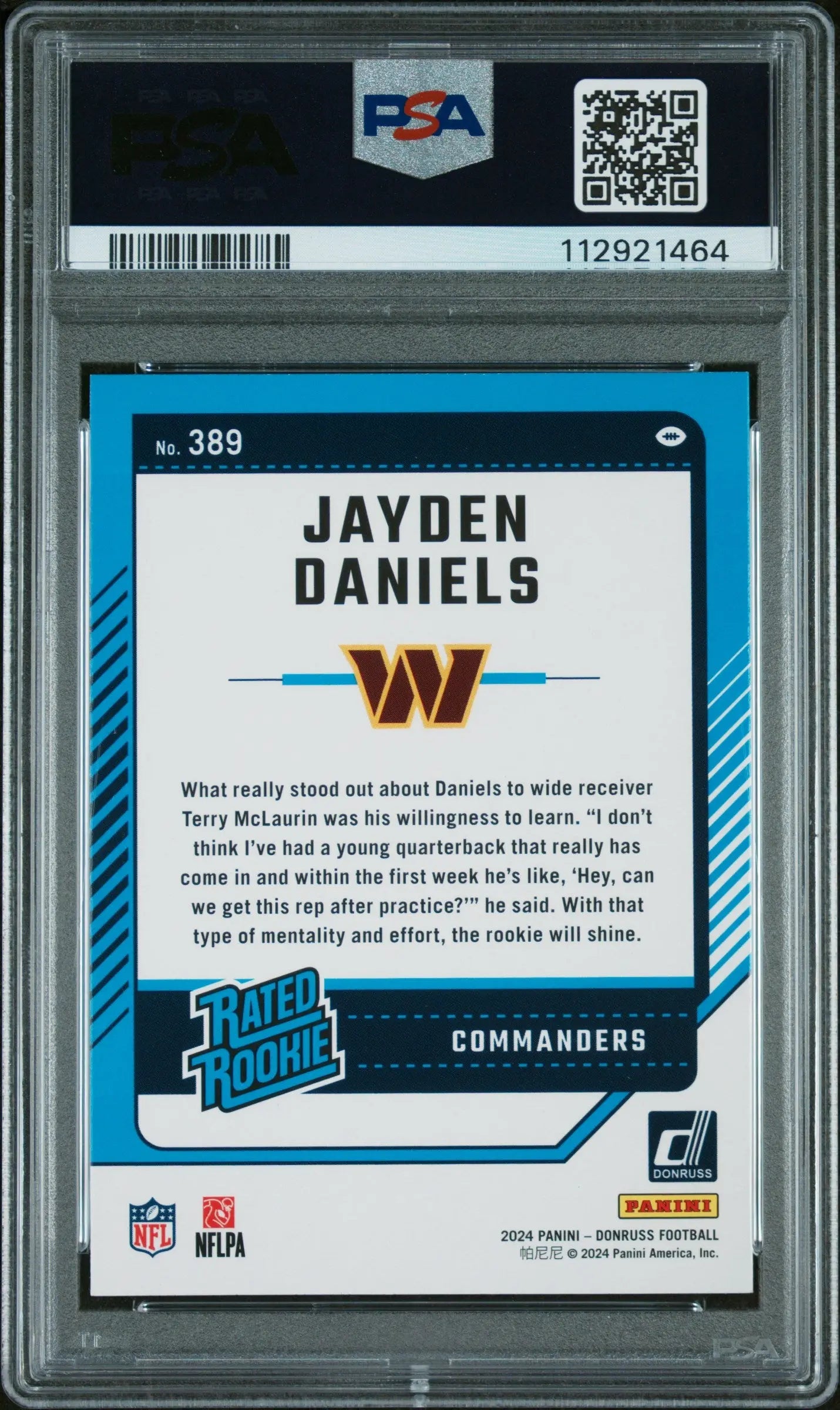 2024 Panini Donruss Football Jayden Daniels Rated Rookie PSA 10 Gem Mint - Collectible Trading Card for NFL Fans & Sports Memorabilia Enthusiasts - Perfect for Display, Investment, and Fantasy Football