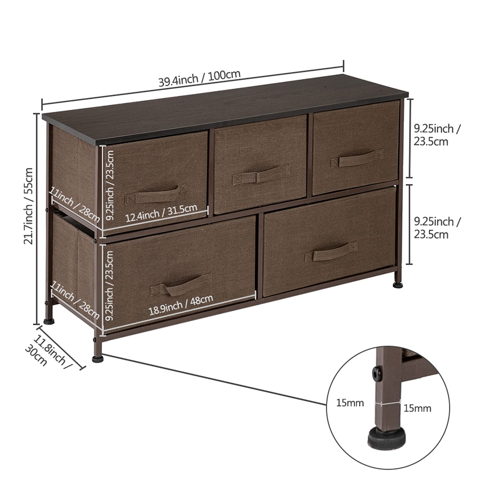 5-Drawer Fabric Dresser Organizer - 2-Tier Wide Closet Storage Tower for Bedroom, Dorm, Living Room | Space-Saving Multi-Use Organizer for Clothes, Toys & Accessories | Brown Dresser for Home & Office Organization
