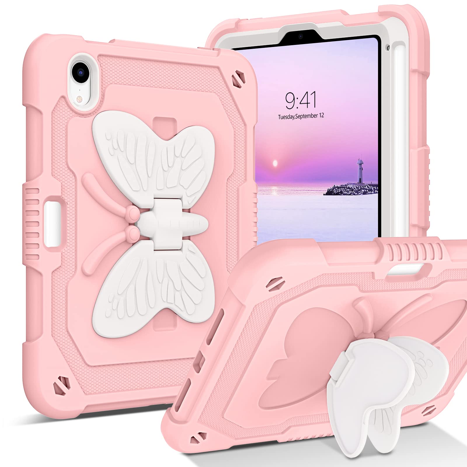 BENTOBEN Shockproof iPad Mini 7 Case with Pencil Holder & Kickstand - Heavy Duty Protective Cover for iPad Mini 7th/6th Generation (2024/2021 Model) - Pink Design for Kids, Boys & Girls - Perfect for School, Travel & Outdoor Use