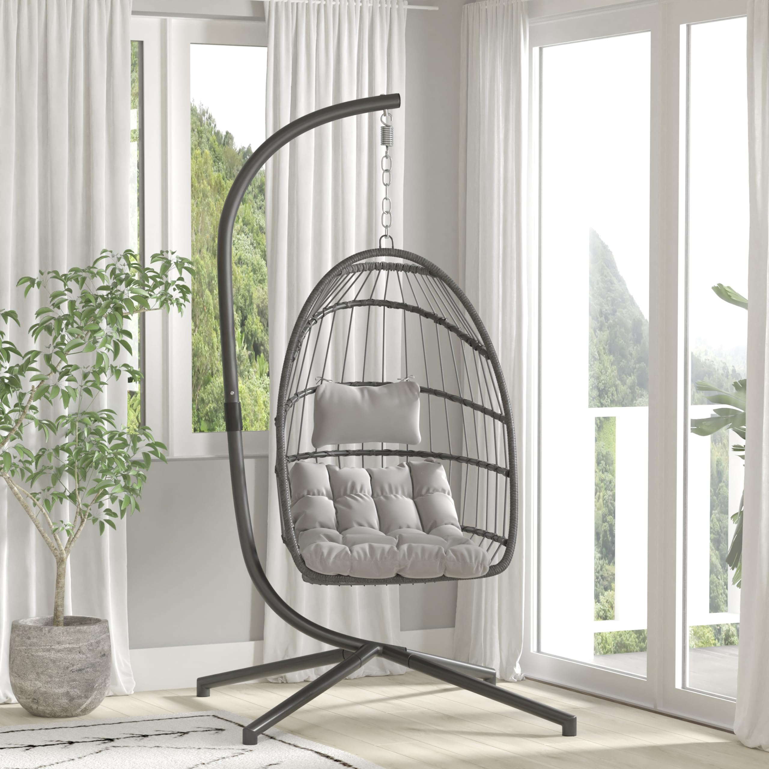 Flash Furniture Cleo Indoor/Outdoor Hanging Egg Chair with Gray Frame & Cushions - Black Powder-Coated C-Stand - Perfect for Patio, Garden, Poolside & Balcony Relaxation