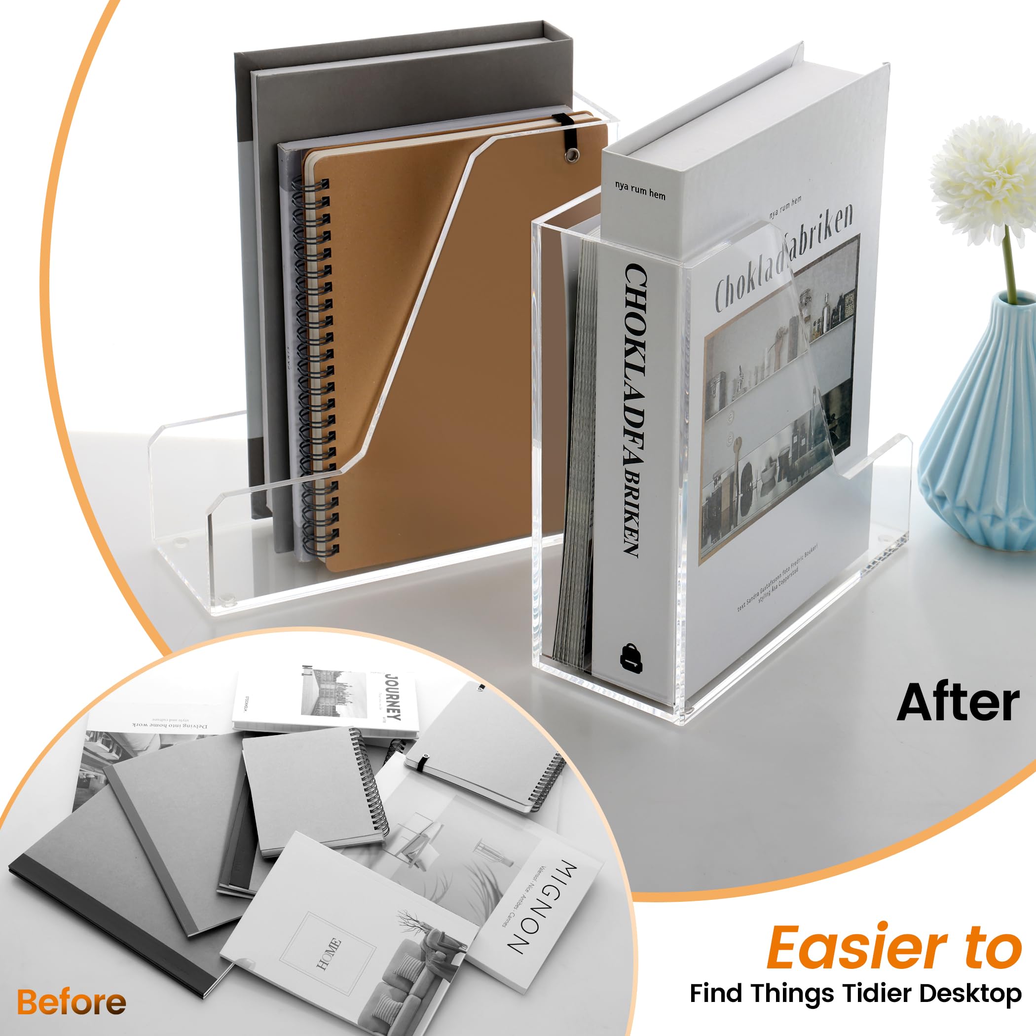 Clear Acrylic Magazine Rack & File Holder - 2-Pack Vertical Desk Organizer for Office, Home, or Dorm - Perfect for Storing Books, Magazines, and Office Supplies - Space-Saving Storage Solution