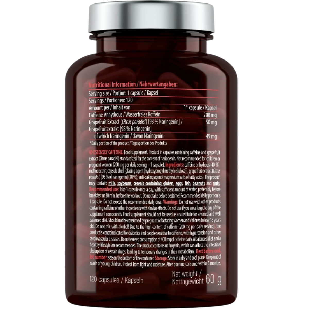 Essensey Caffeine 200mg with Naringenin | Fast Acting Energy Booster Supplement | 120 Capsules for Focus & Alertness | Perfect for Workouts, Studying & Long Work Shifts