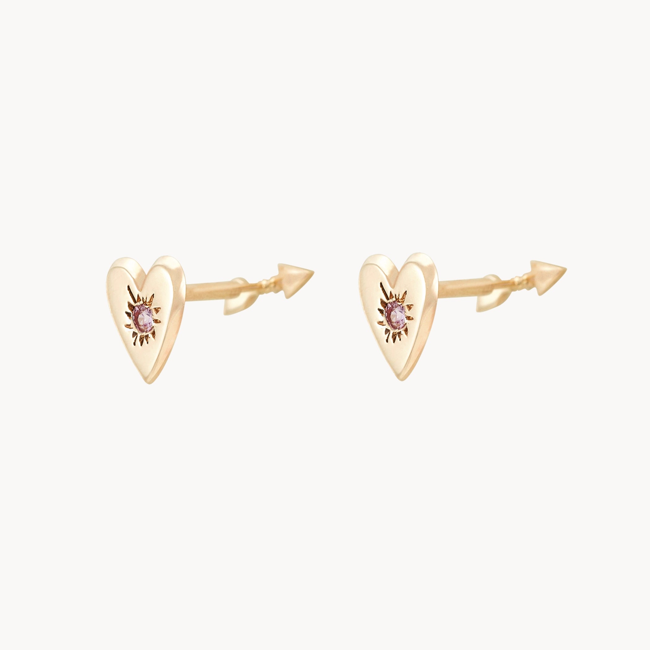14K Yellow Gold Heart and Arrow Reversible Flat Back Earrings with Pink Sapphire - Perfect for Valentine's Day, Anniversary Gifts & Everyday Elegance